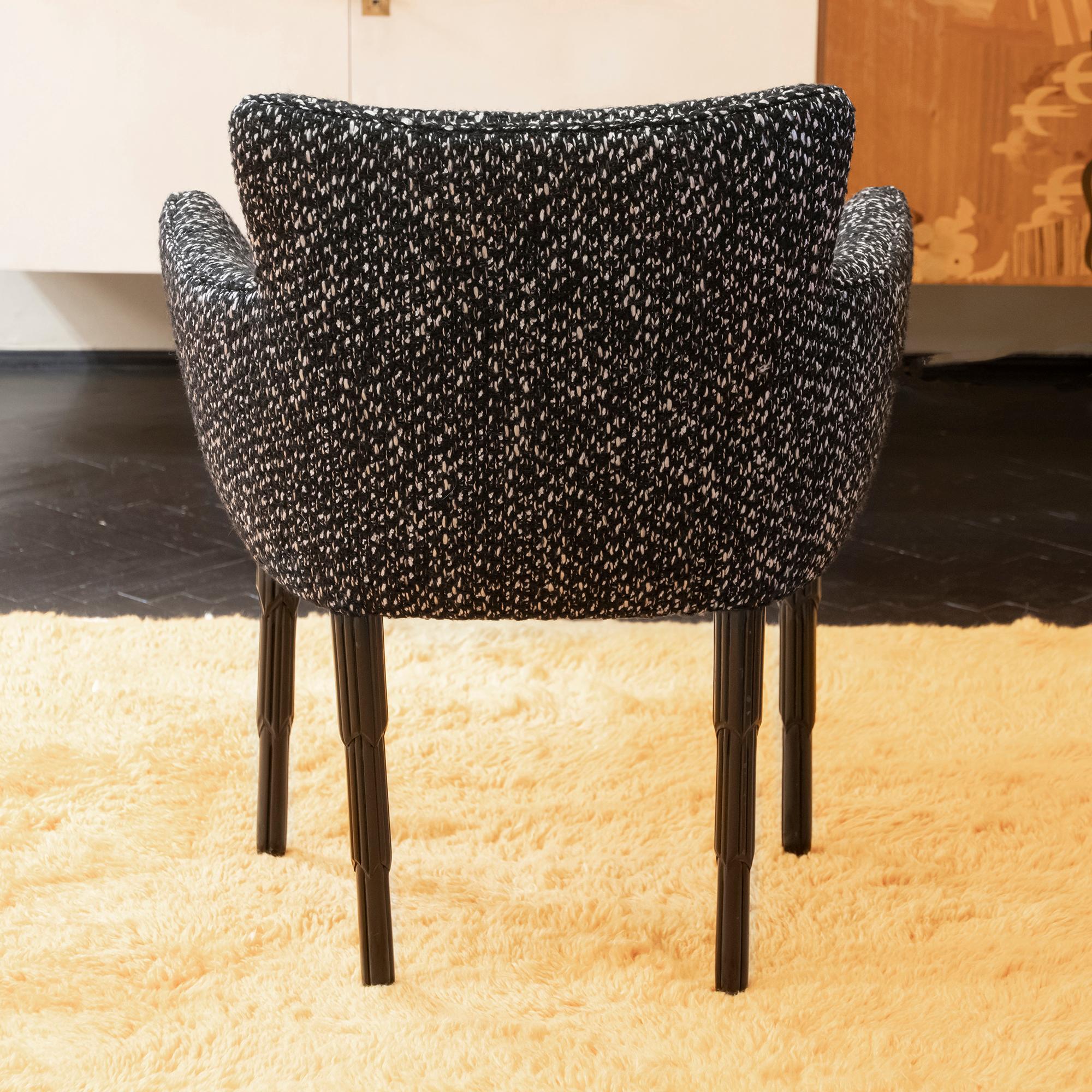 Italian Dining Chairs, Black Lacquered Wood, Black/White Wool Fabric, Set of 4 5