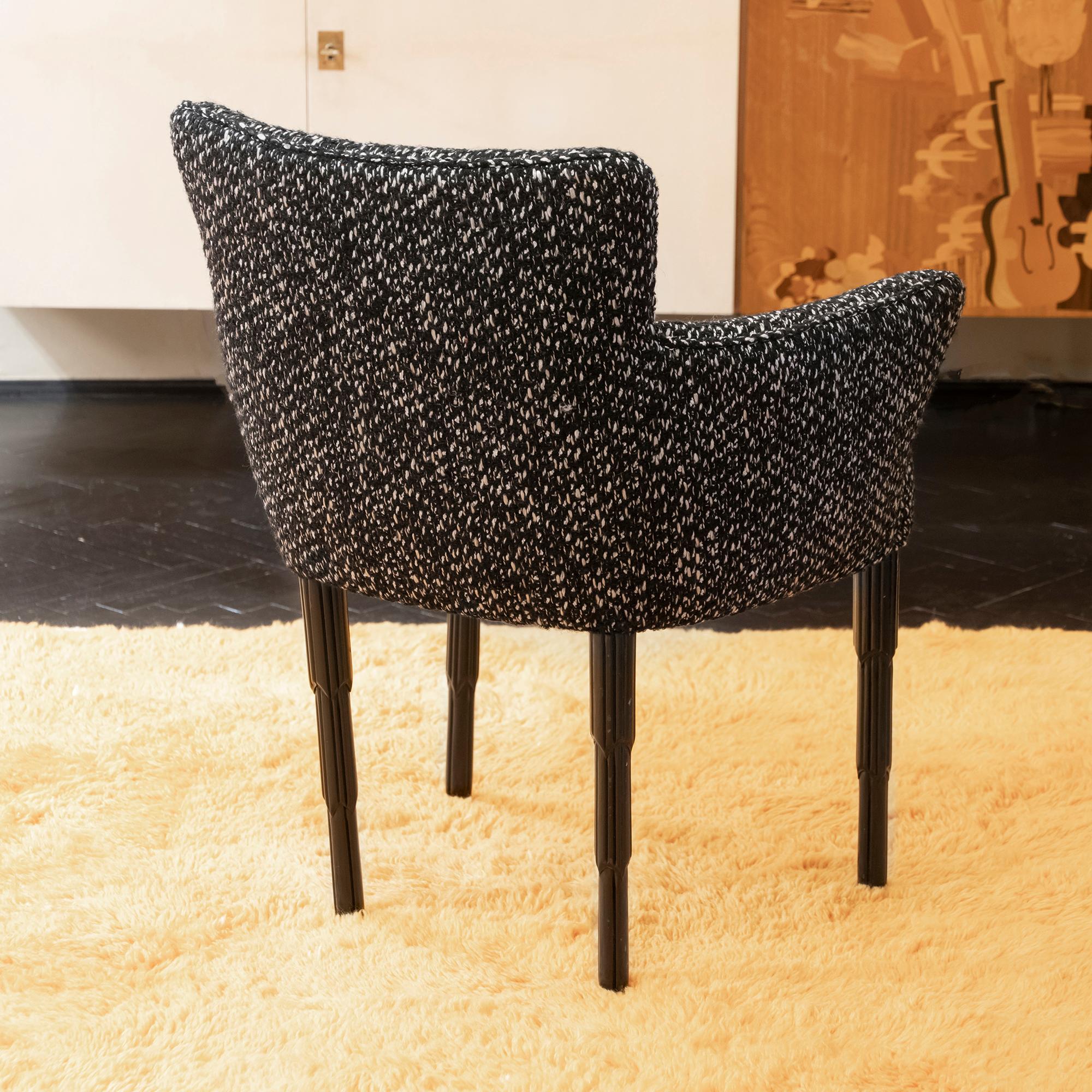 Italian Dining Chairs, Black Lacquered Wood, Black/White Wool Fabric, Set of 4 1