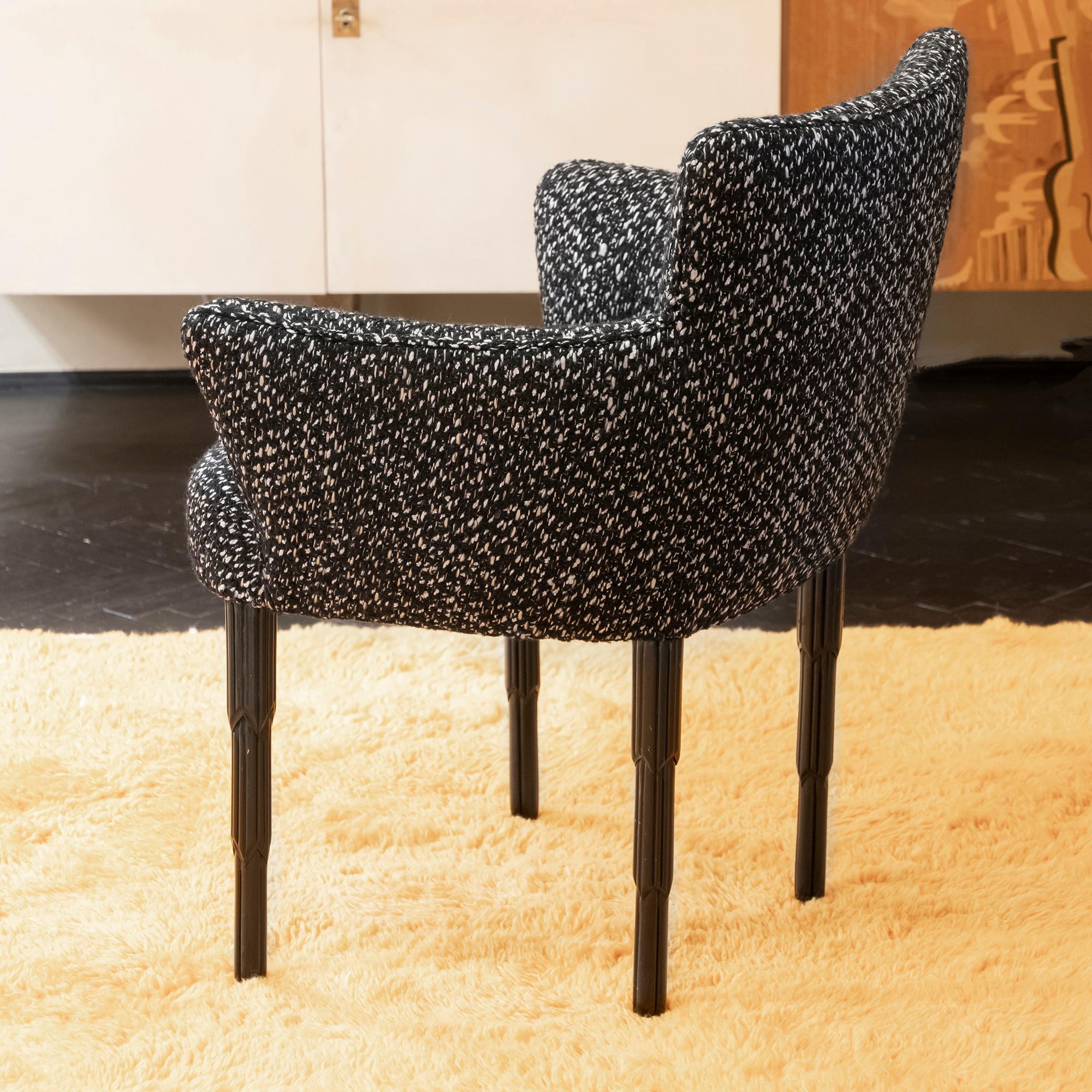 Italian Dining Chairs, Black Lacquered Wood, Black/White Wool Fabric, Set of 4 3