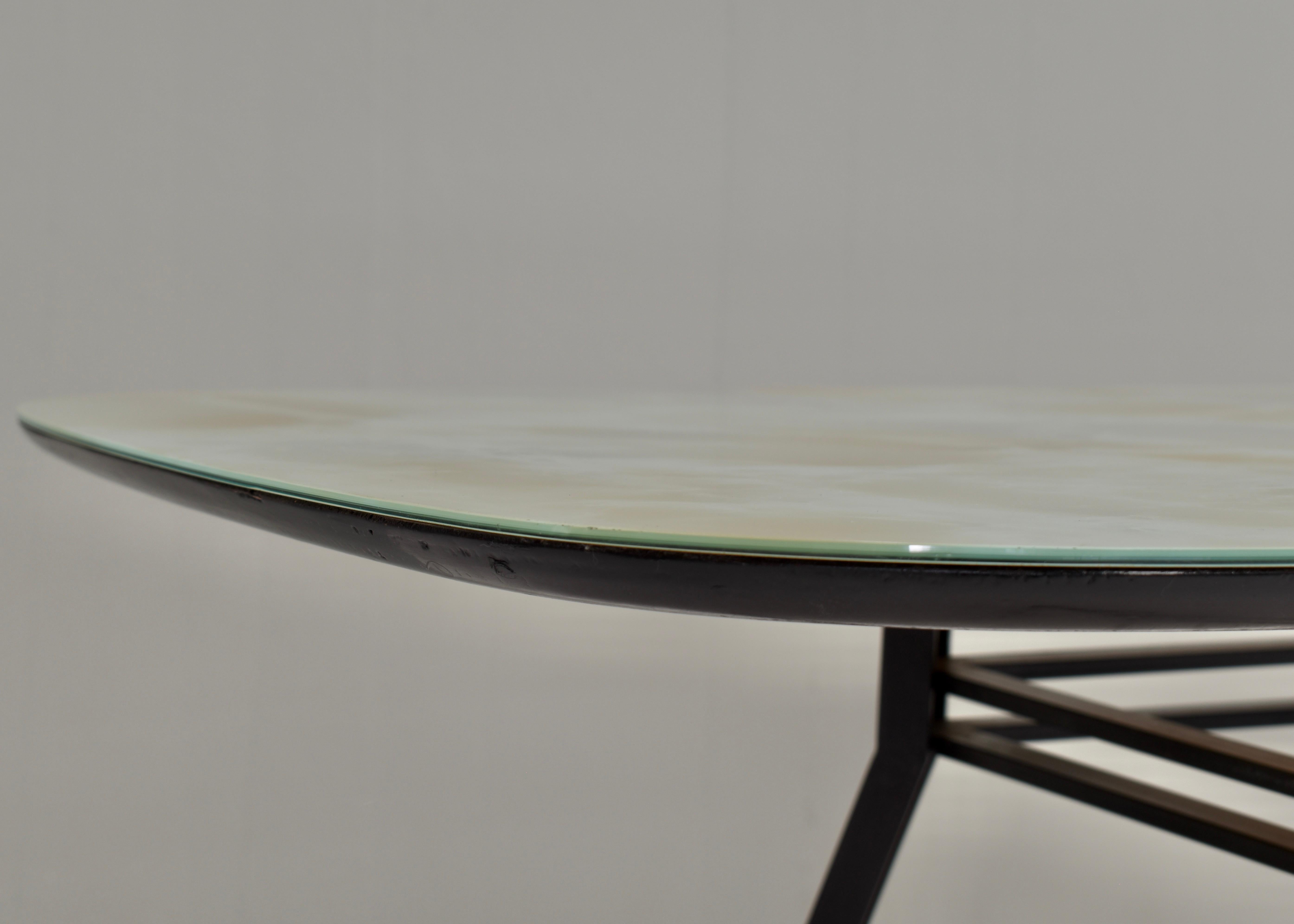 1950's Italian Dining Table with Metal Base, Glass Top and Brass Details For Sale 7