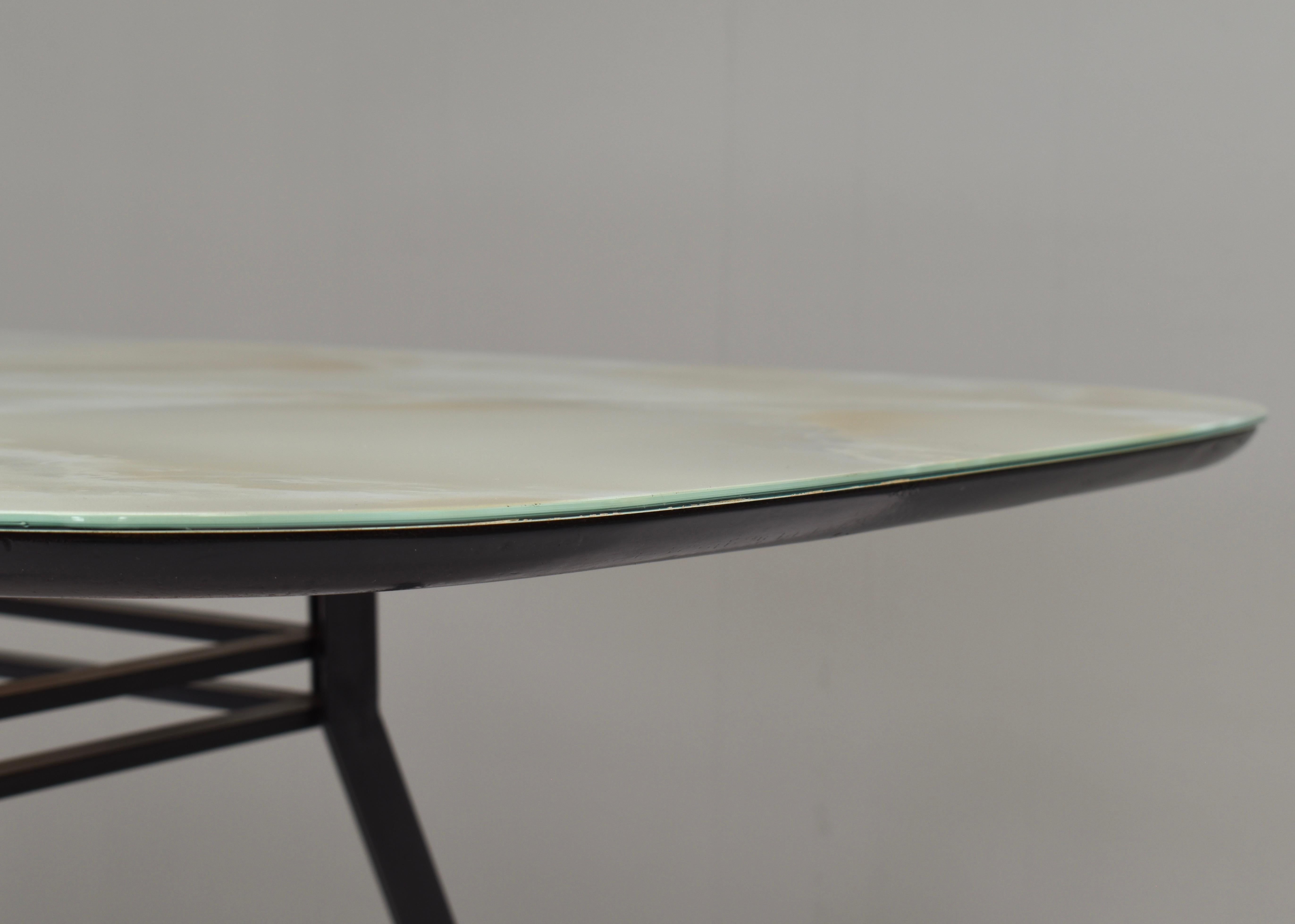 1950's Italian Dining Table with Metal Base, Glass Top and Brass Details For Sale 8