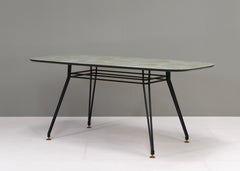 1950's Italian Dining Table with Metal Base, Glass Top and Brass Details