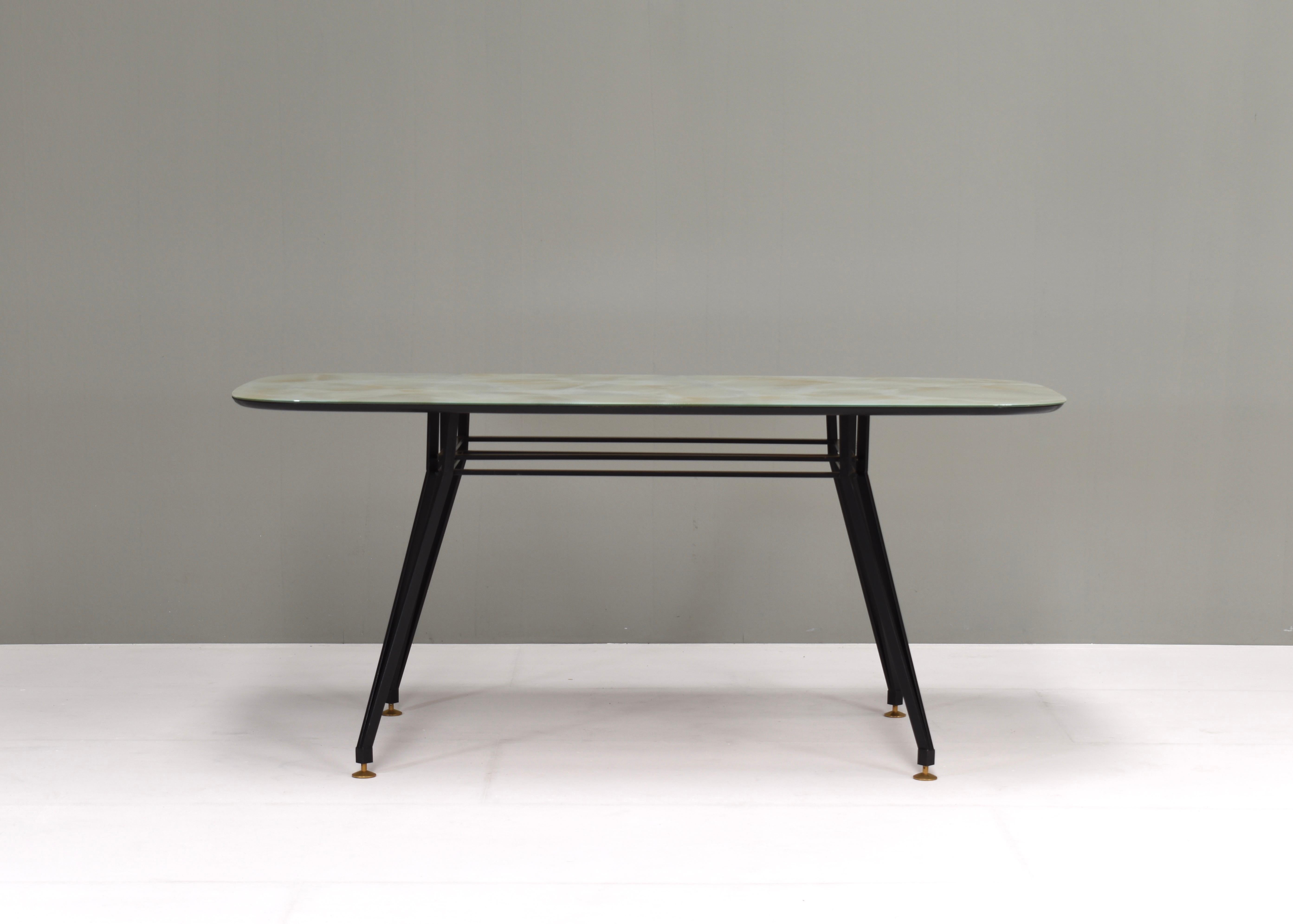 Mid-Century Modern 1950's Italian Dining Table with Metal Base, Glass Top and Brass Details For Sale