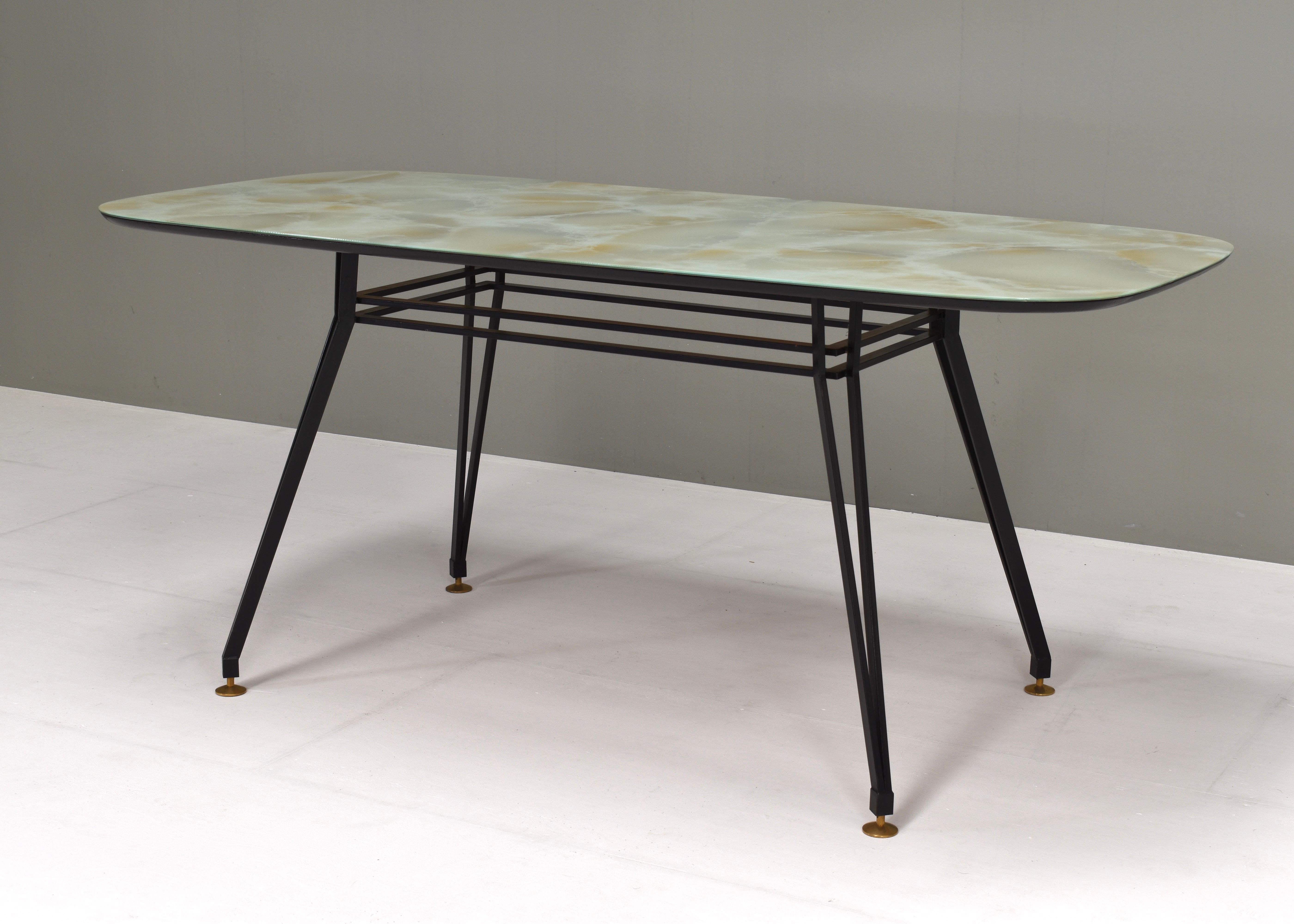 Mid-20th Century 1950's Italian Dining Table with Metal Base, Glass Top and Brass Details For Sale