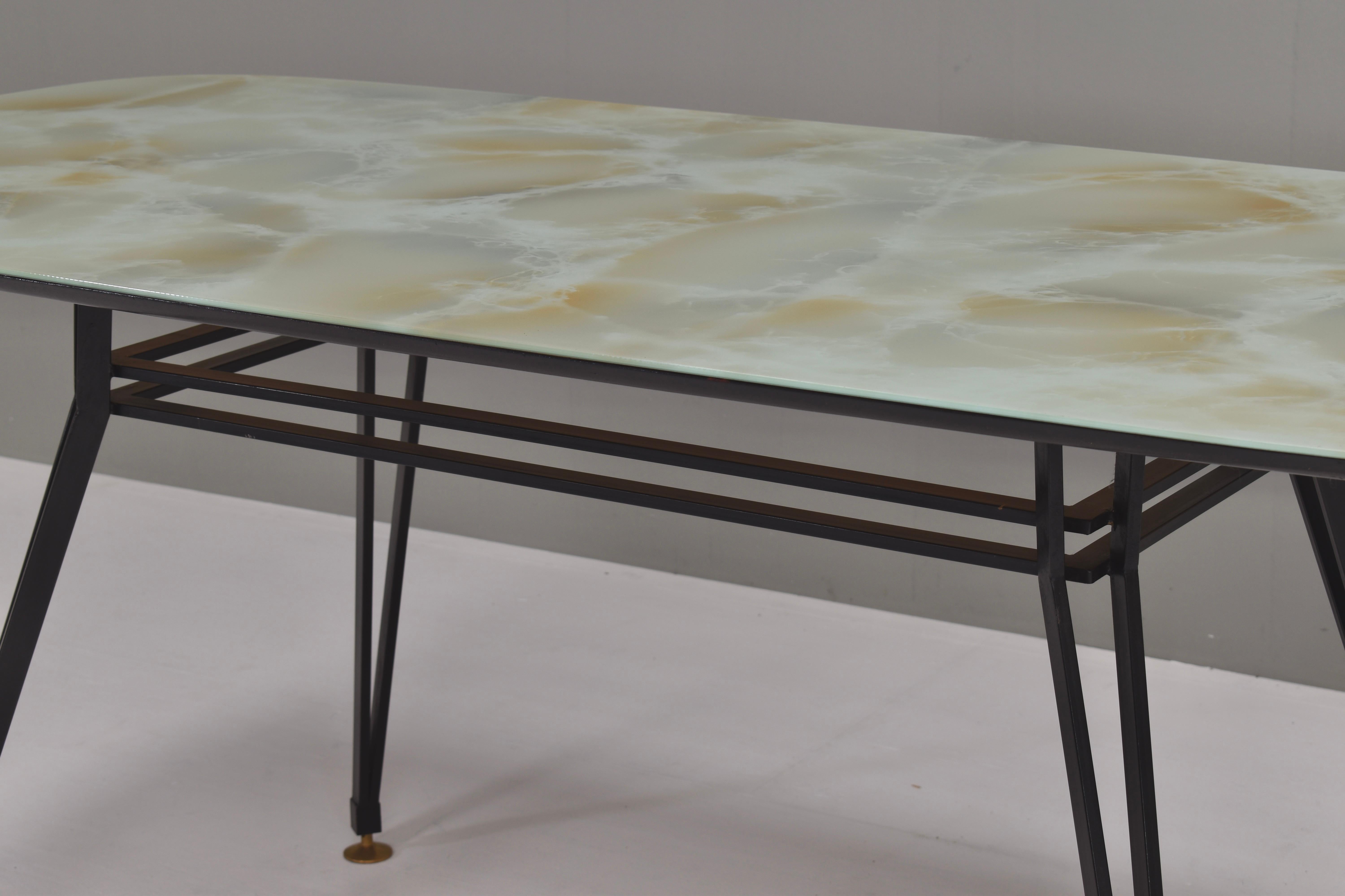 1950's Italian Dining Table with Metal Base, Glass Top and Brass Details For Sale 1