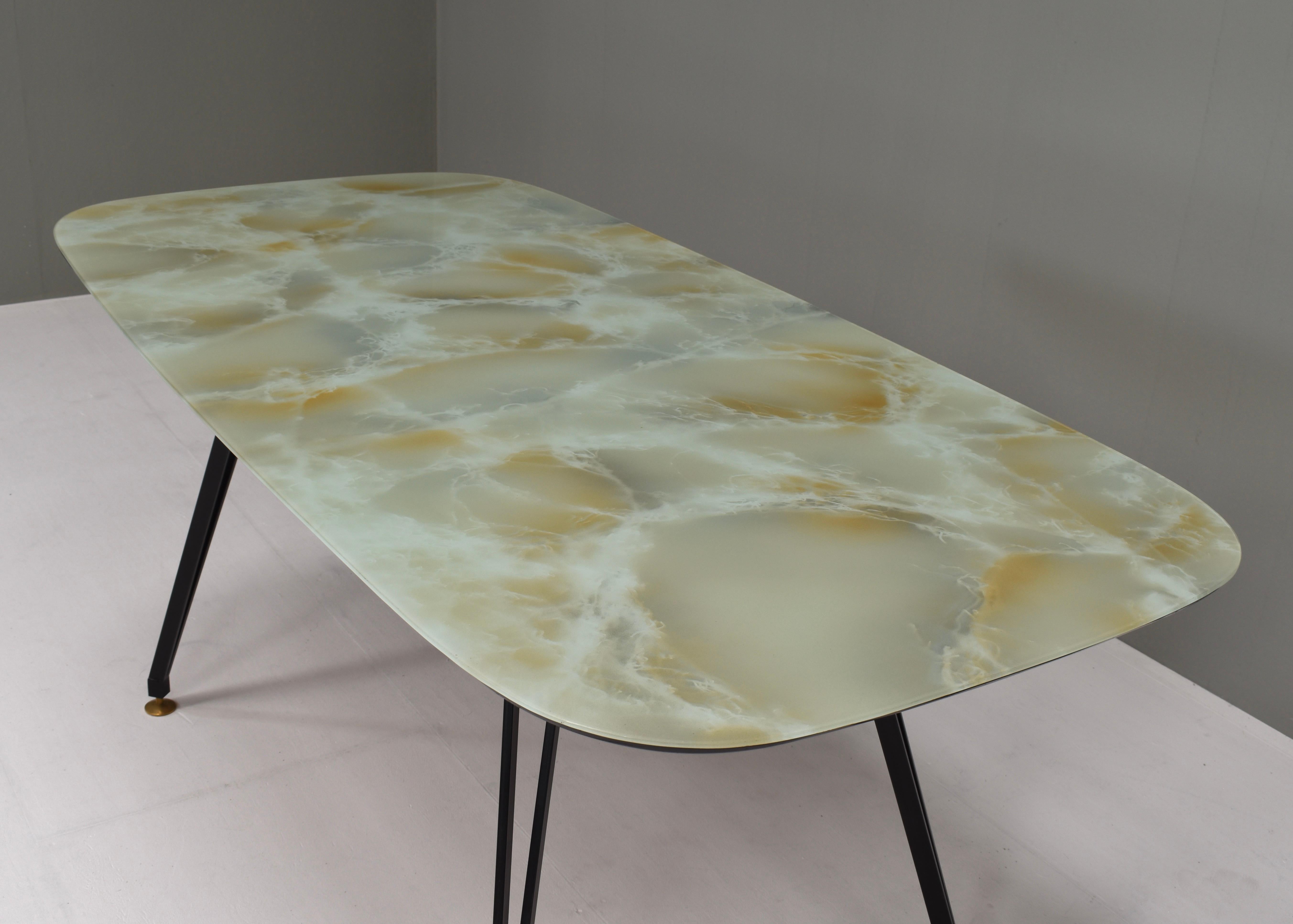 1950's Italian Dining Table with Metal Base, Glass Top and Brass Details For Sale 2