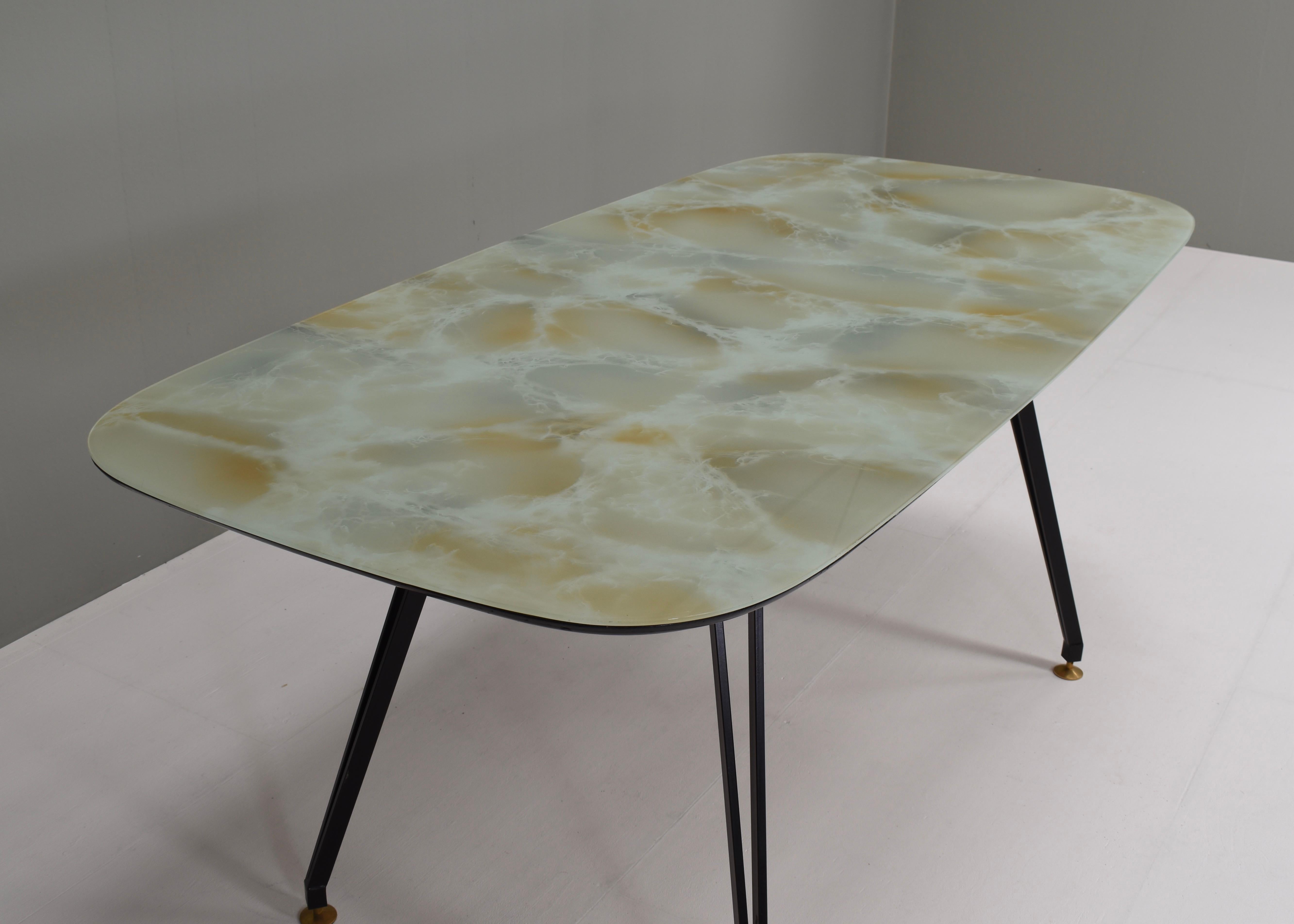 1950's Italian Dining Table with Metal Base, Glass Top and Brass Details For Sale 3