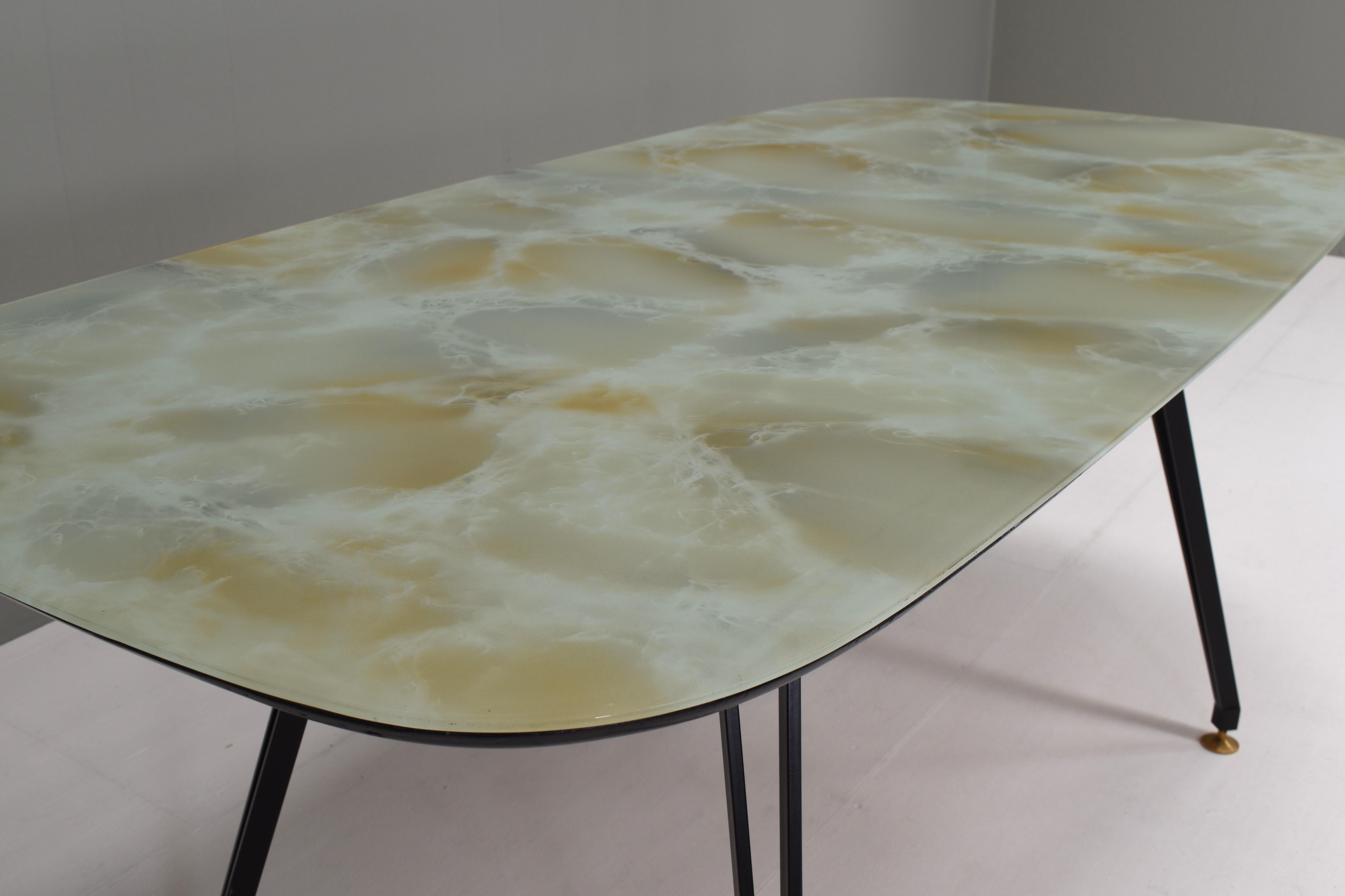 1950's Italian Dining Table with Metal Base, Glass Top and Brass Details For Sale 4
