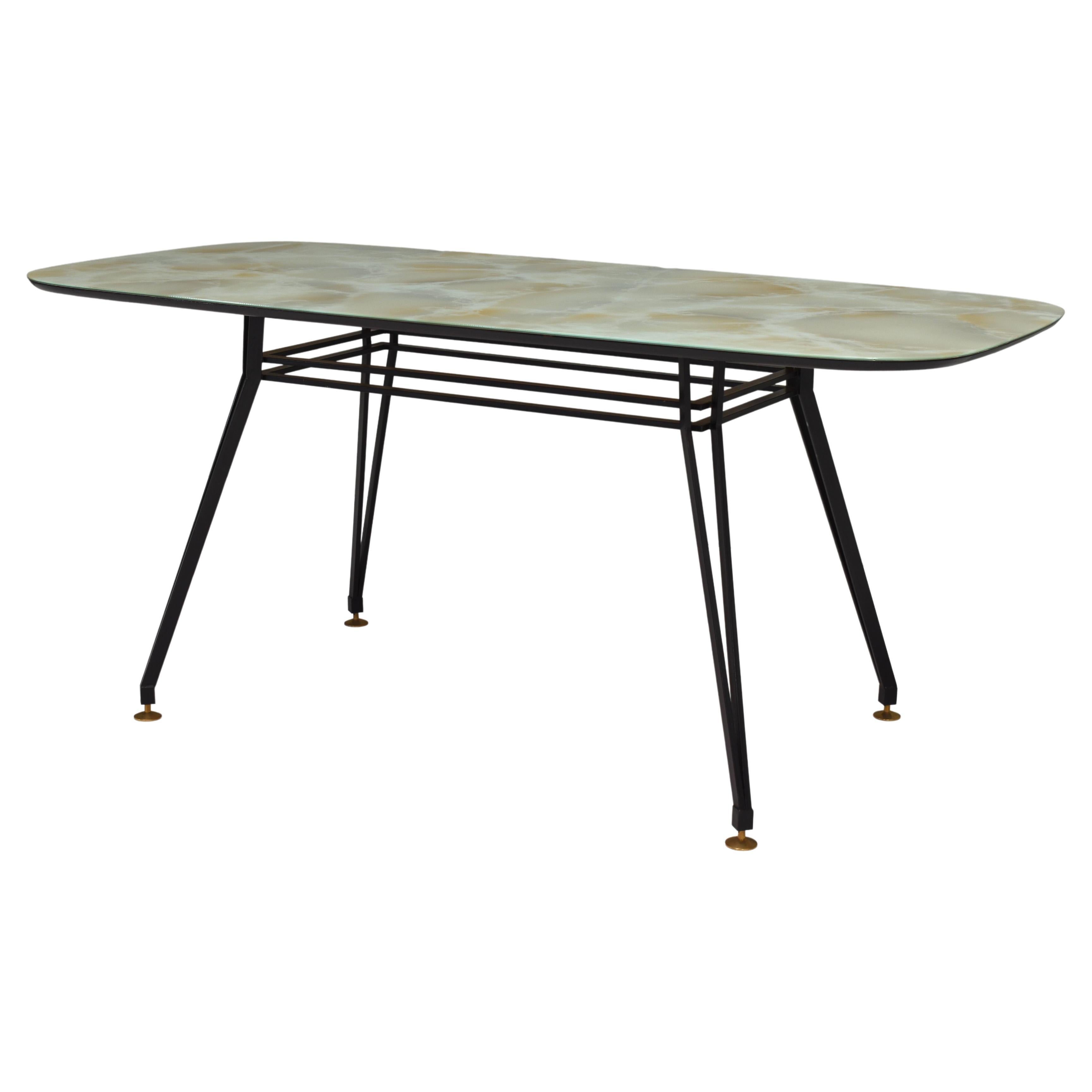 1950's Italian Dining Table with Metal Base, Glass Top and Brass Details For Sale