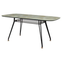 Vintage 1950's Italian Dining Table with Metal Base, Glass Top and Brass Details
