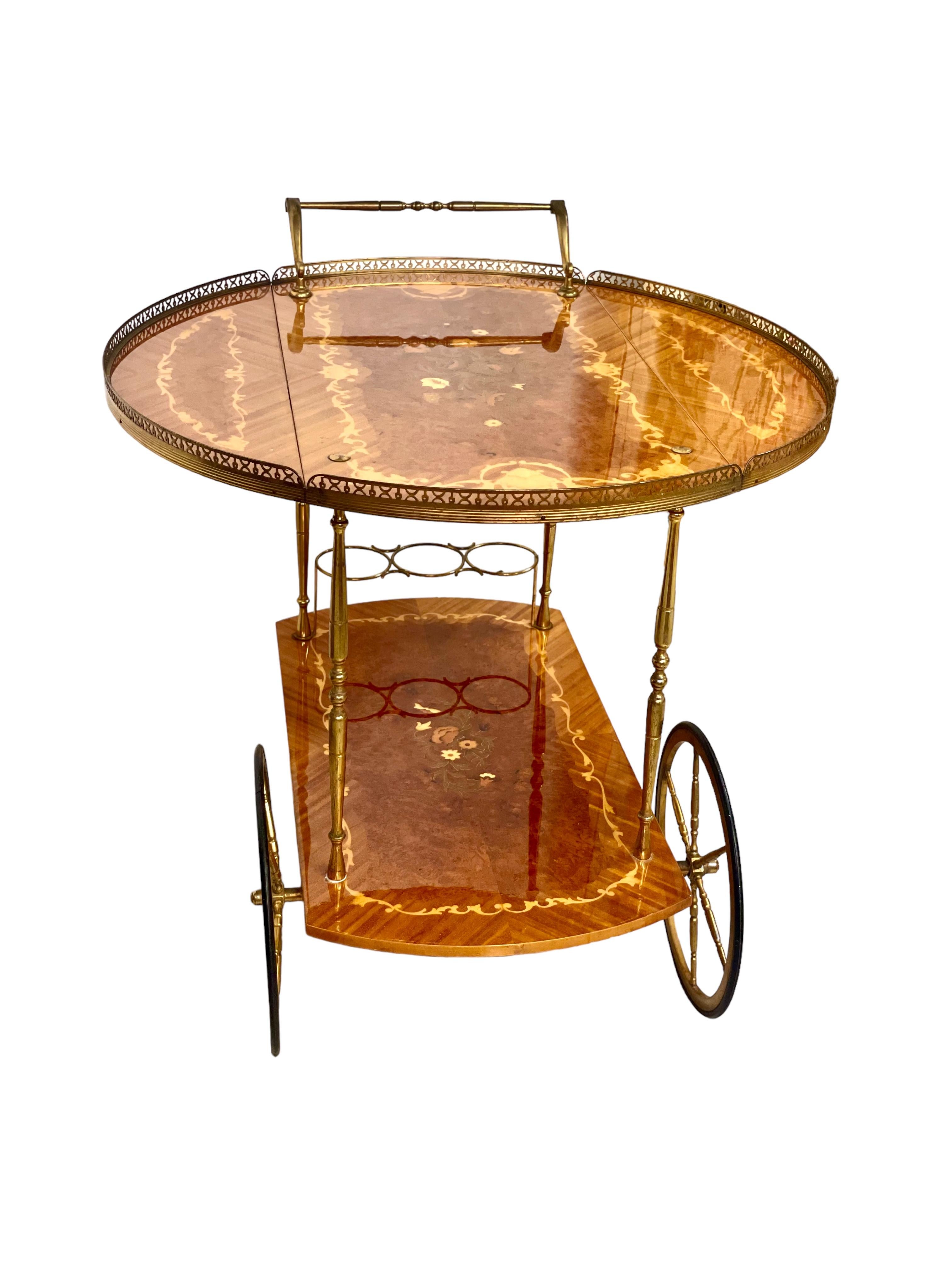 1950s Italian Drop Leaf Bar Cart with Brass and Marquetry For Sale 4