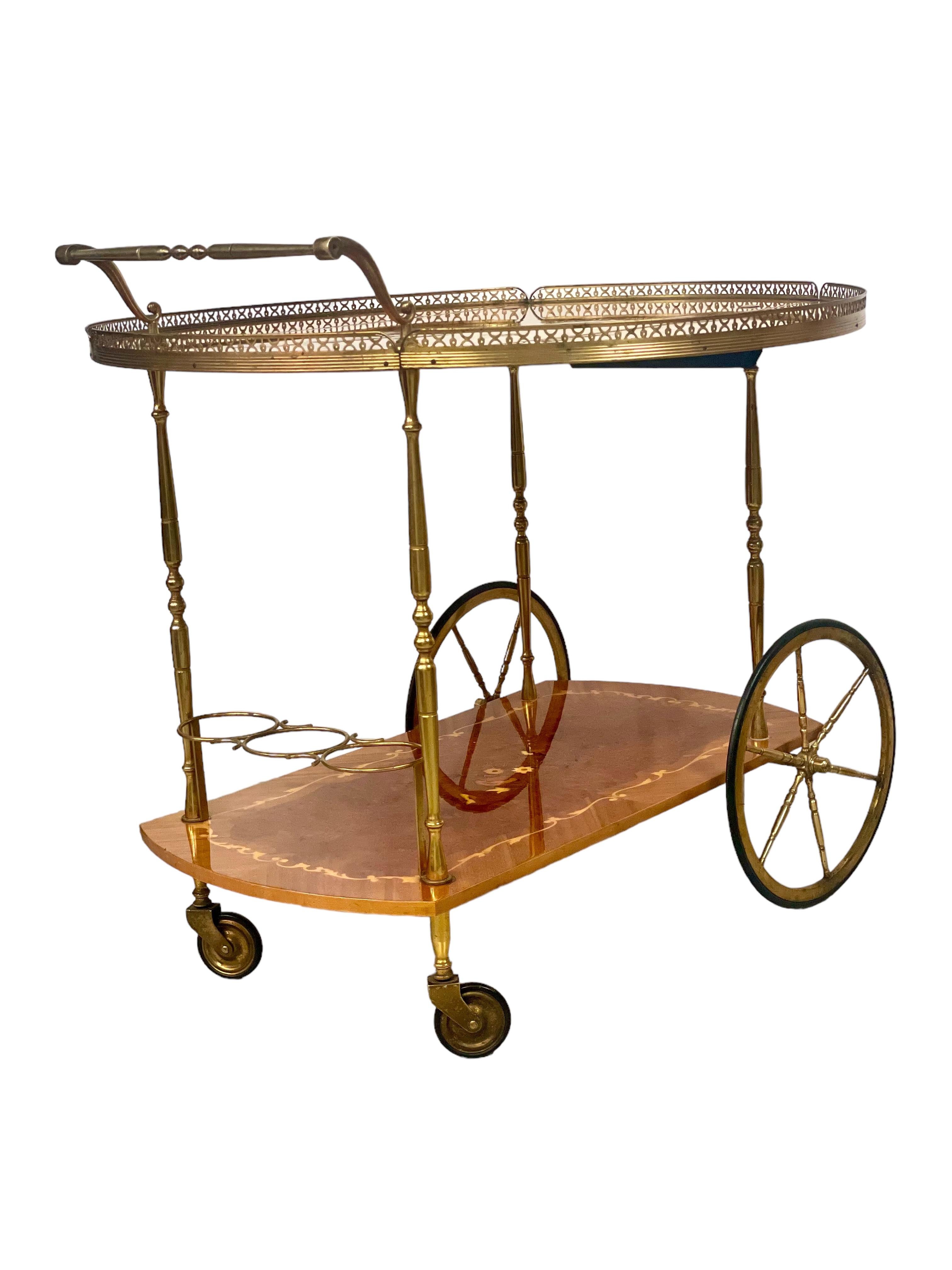 1950s Italian Drop Leaf Bar Cart with Brass and Marquetry For Sale 5