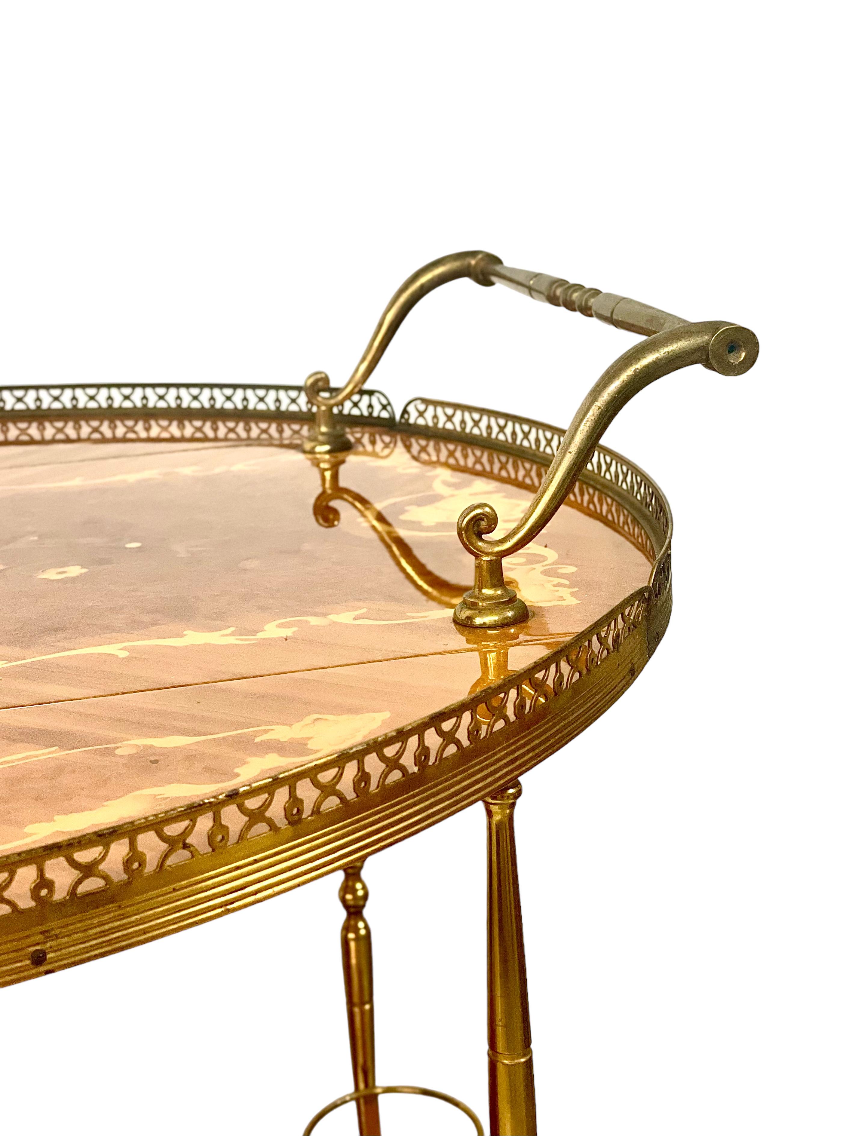 20th Century 1950s Italian Drop Leaf Bar Cart with Brass and Marquetry For Sale