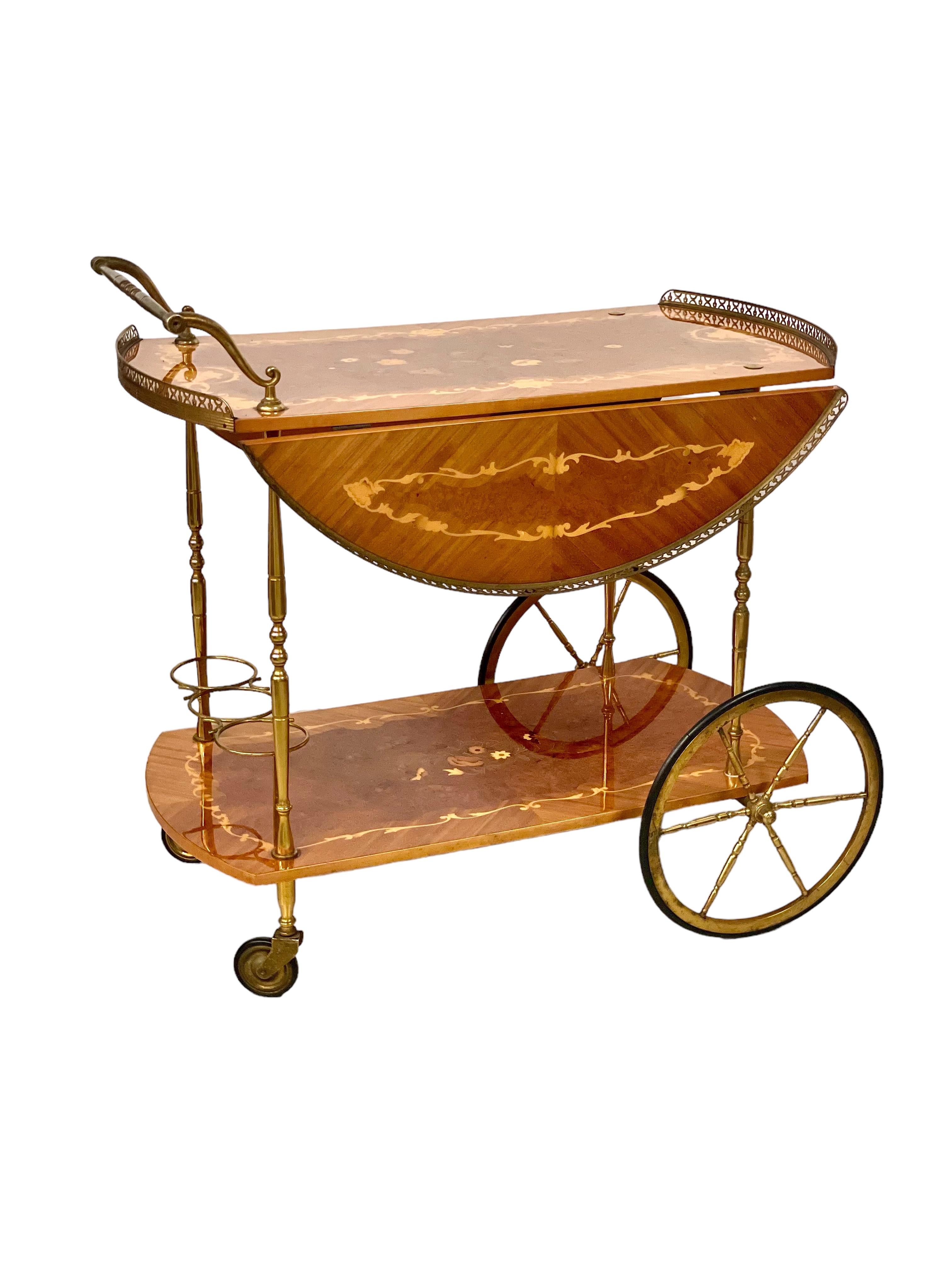 1950s Italian Drop Leaf Bar Cart with Brass and Marquetry For Sale 1