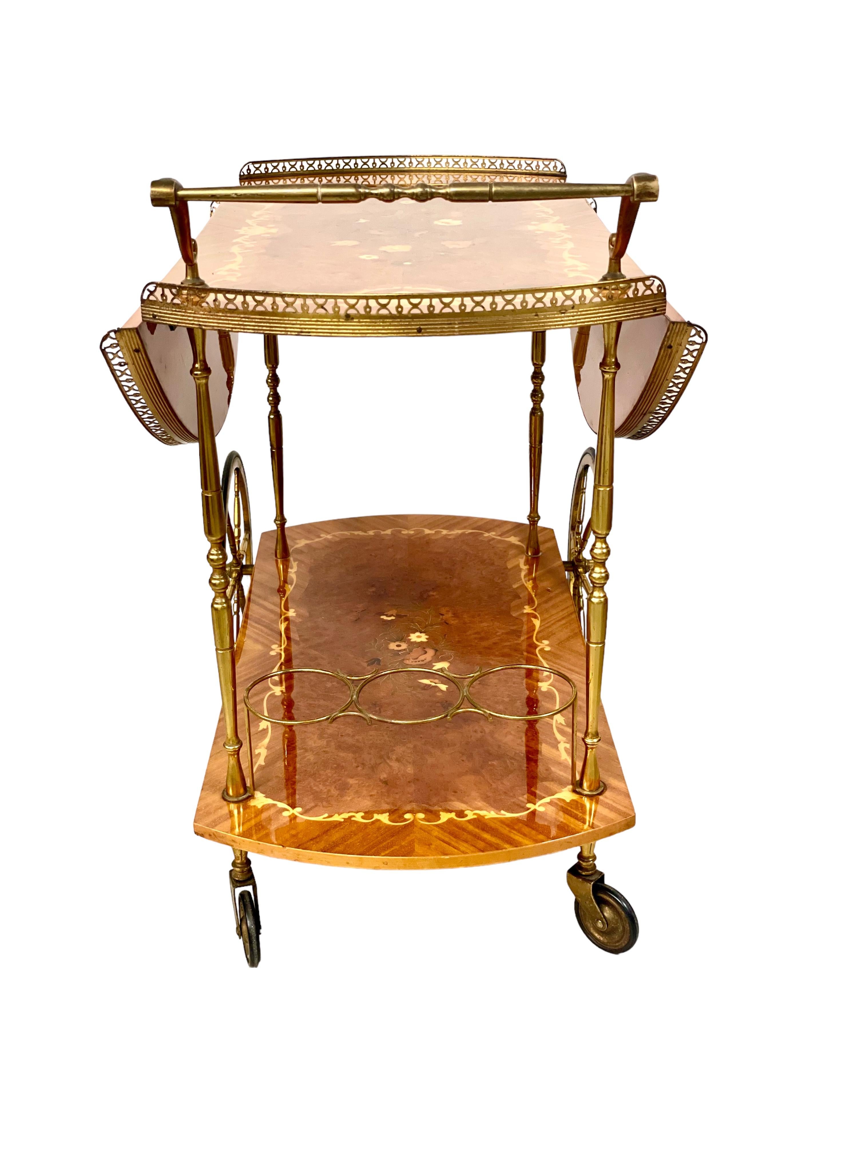 1950s Italian Drop Leaf Bar Cart with Brass and Marquetry For Sale 2