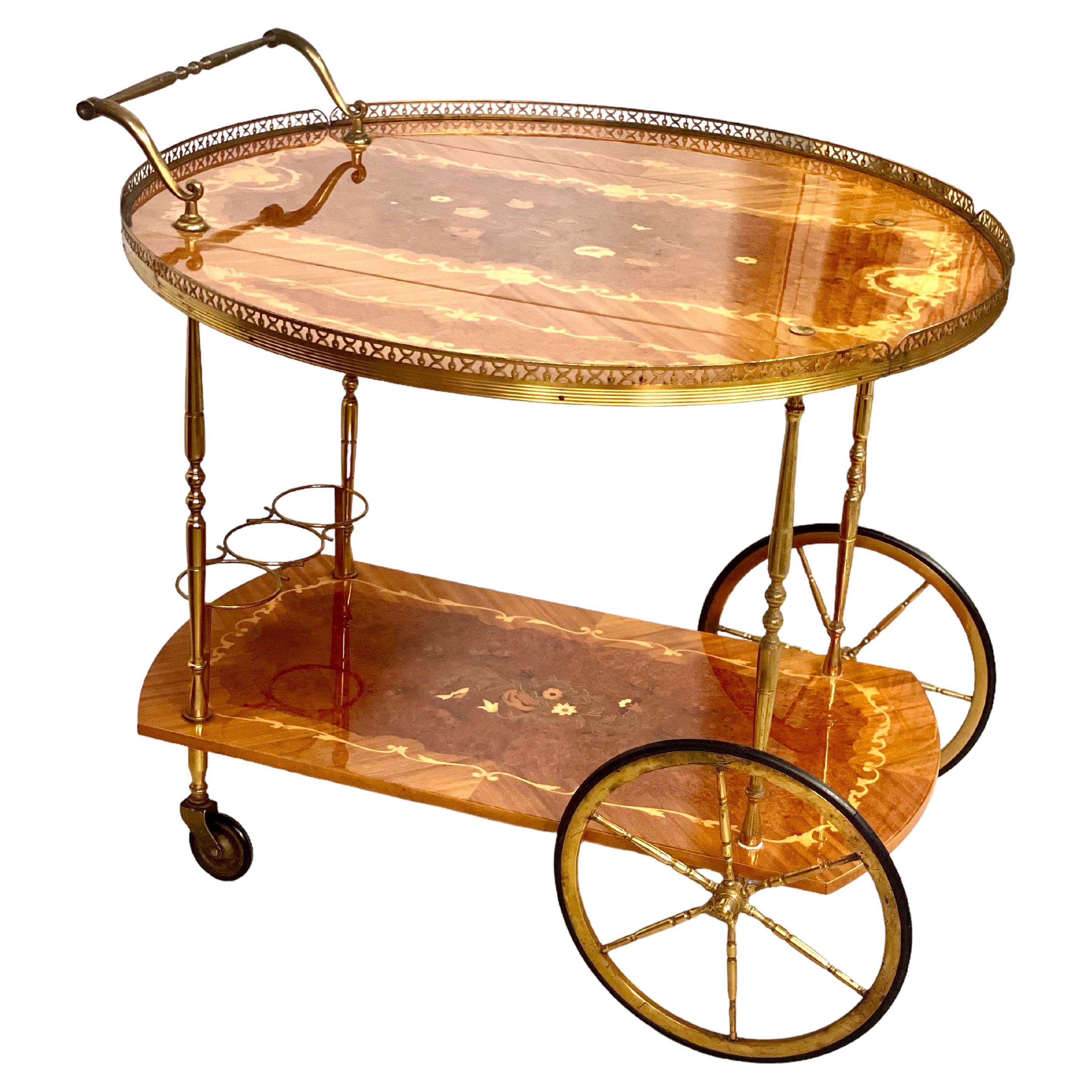 1950s Italian Drop Leaf Bar Cart with Brass and Marquetry