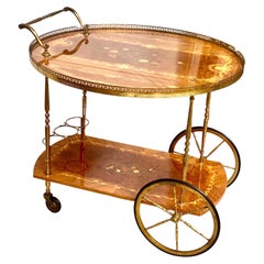 Used 1950s Italian Drop Leaf Bar Cart with Brass and Marquetry