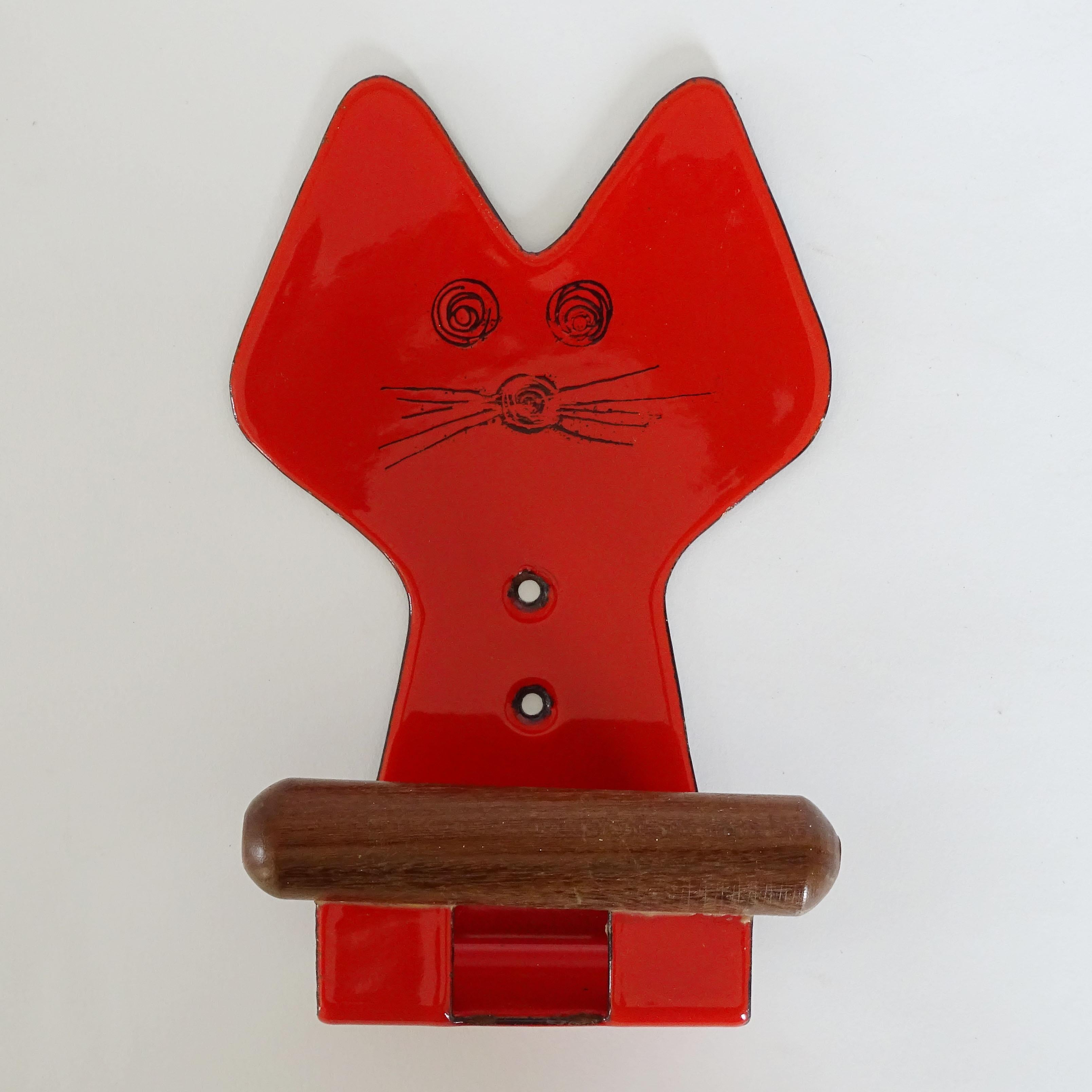 1950s Italian Green and Red enamel and wood Cat shaped wall coat hangers
