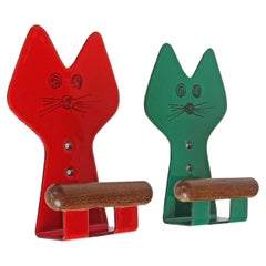 1950s Italian enamel and wood Cat shaped wall coat hangers