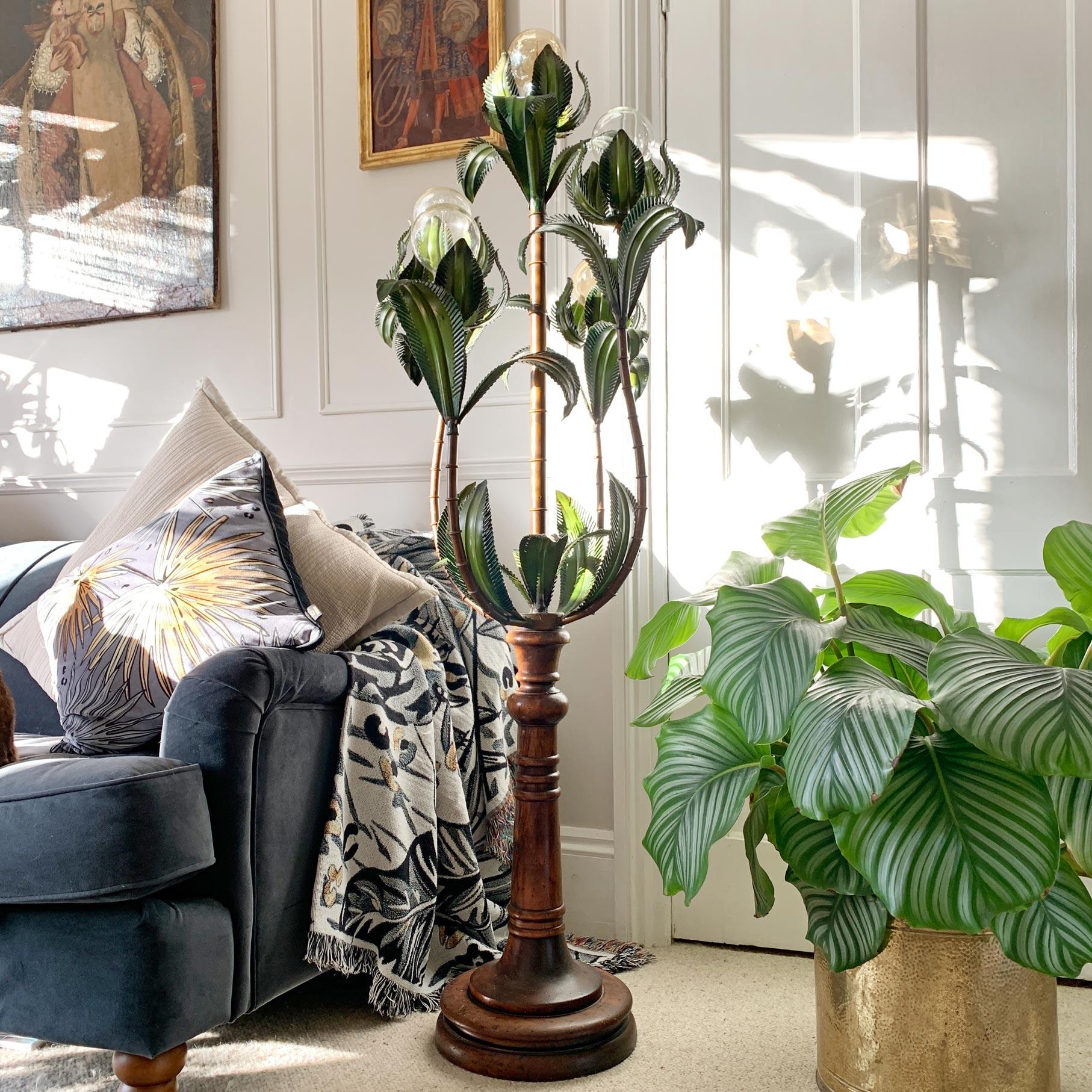 Metal 1950's Italian, Faux Bamboo Palm Tree Floor Lamp