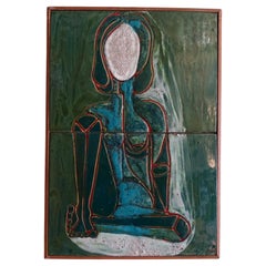 1950
s Italian Figurative Wall Art Glazed Ceramic Panel, Wood Details