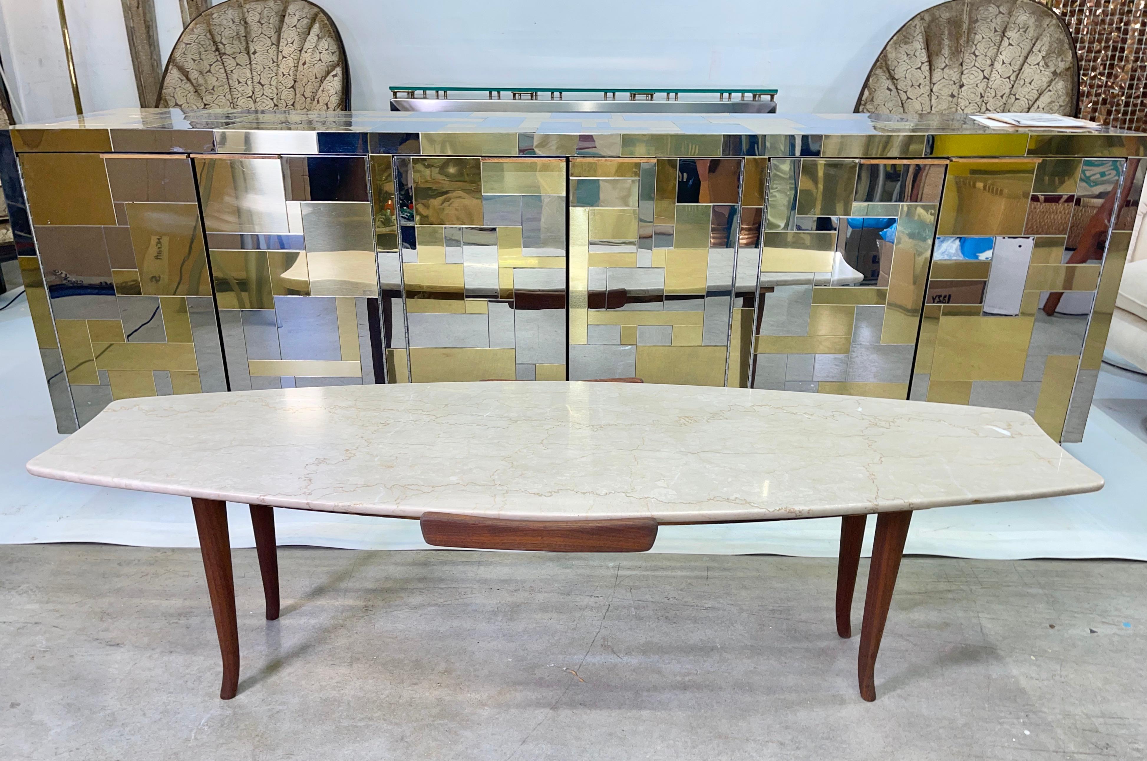 Italian Erno Fabry Fishtail Surfboard Marble & Walnut Cocktail Table For Sale