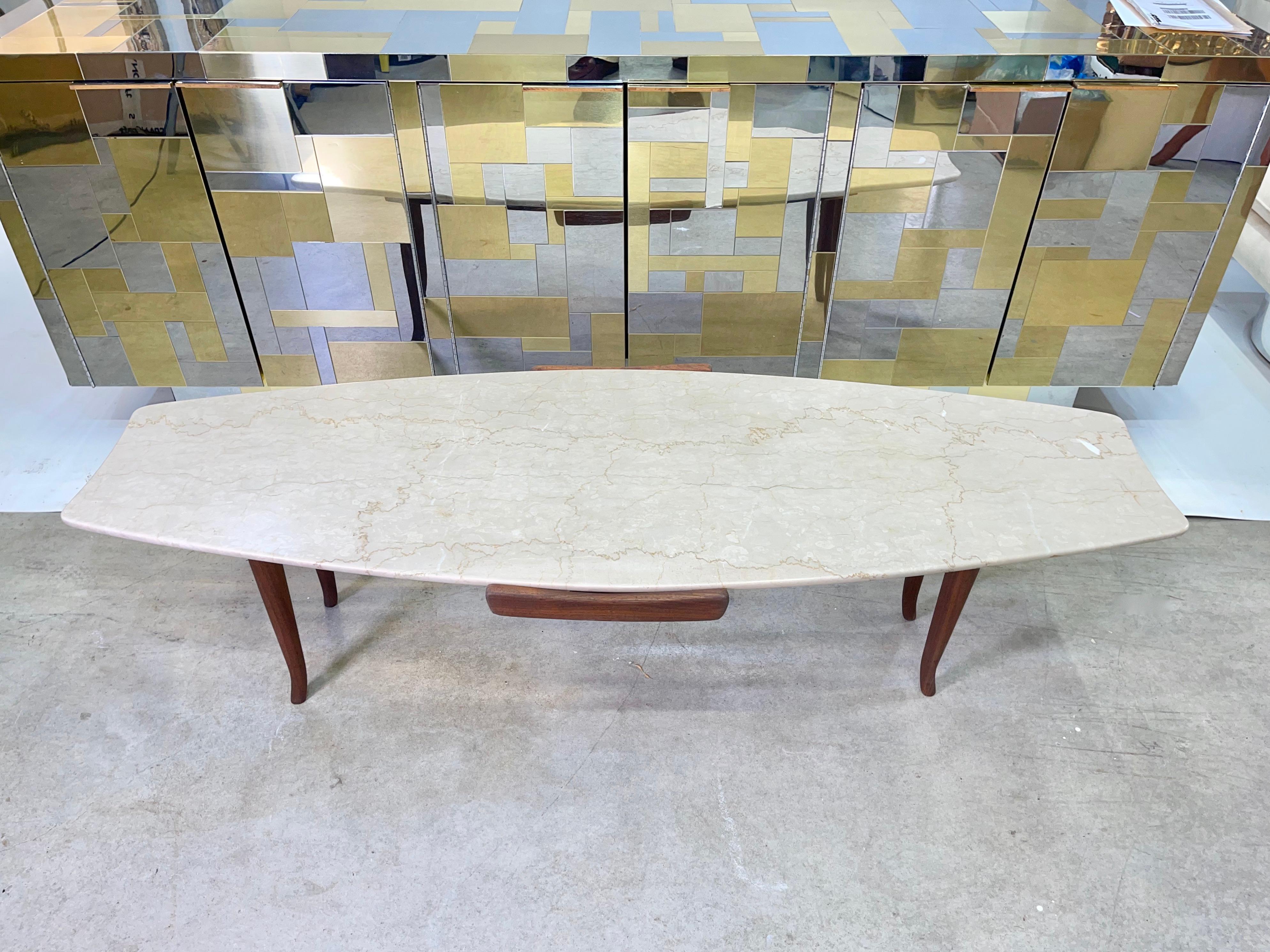 Erno Fabry Fishtail Surfboard Marble & Walnut Cocktail Table In Good Condition For Sale In Hanover, MA