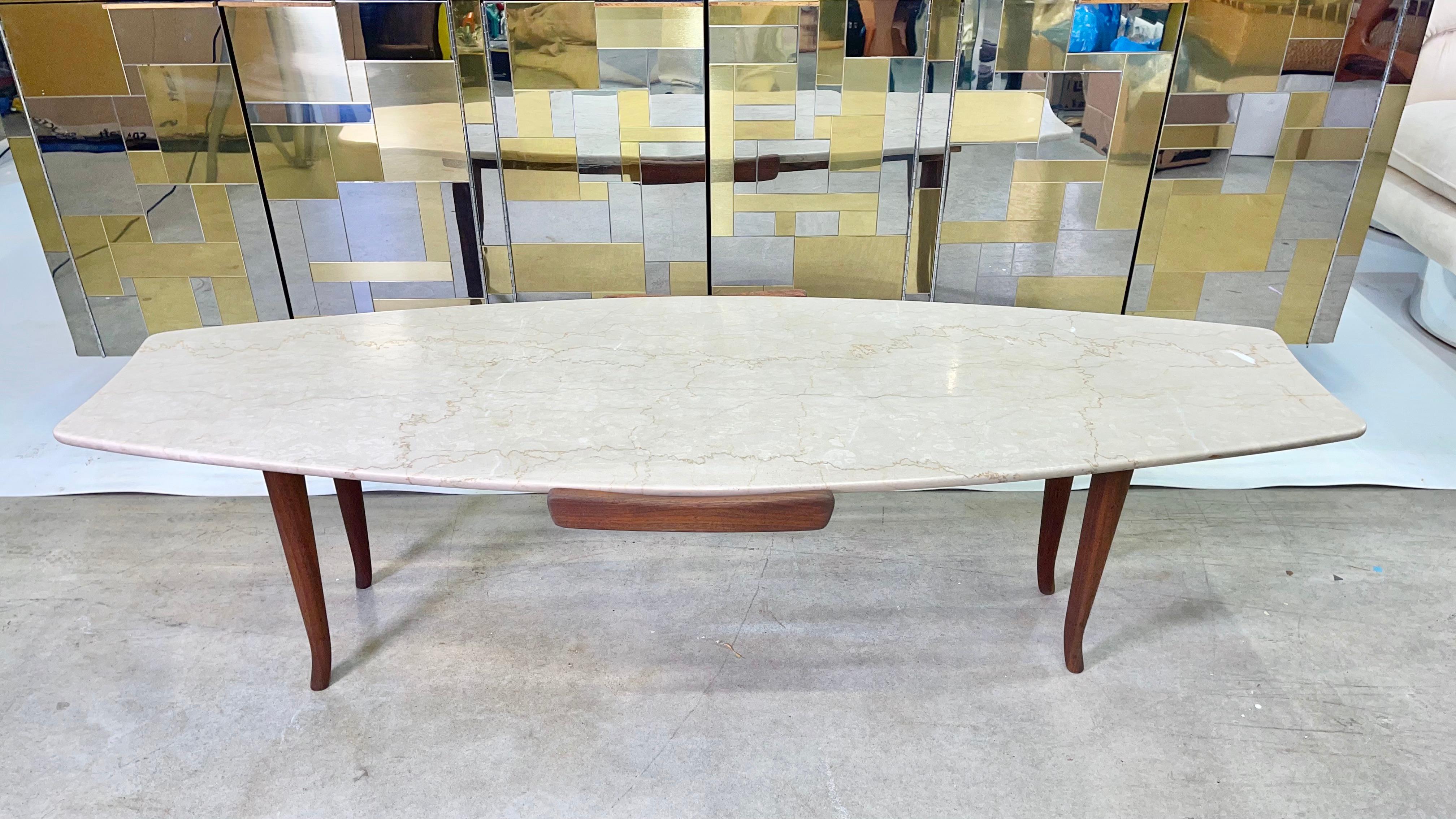 Mid-20th Century Erno Fabry Fishtail Surfboard Marble & Walnut Cocktail Table For Sale