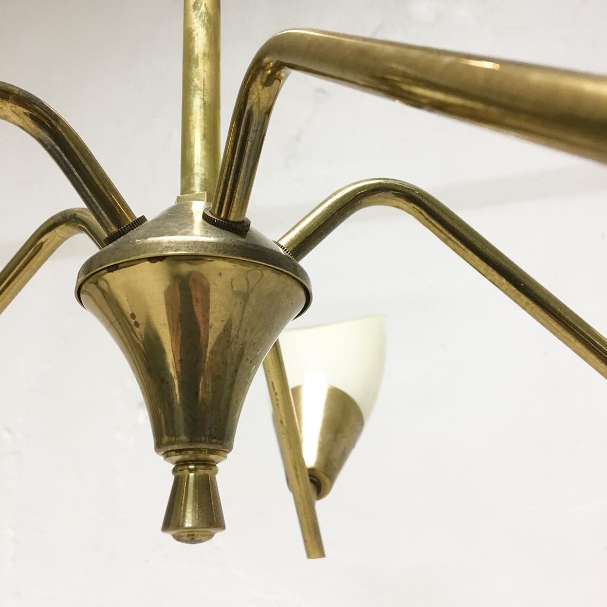 1950s Italian Five Branch Brass and Glass Ceiling Light Midcentury Chandelier In Good Condition In Sherborne, Dorset