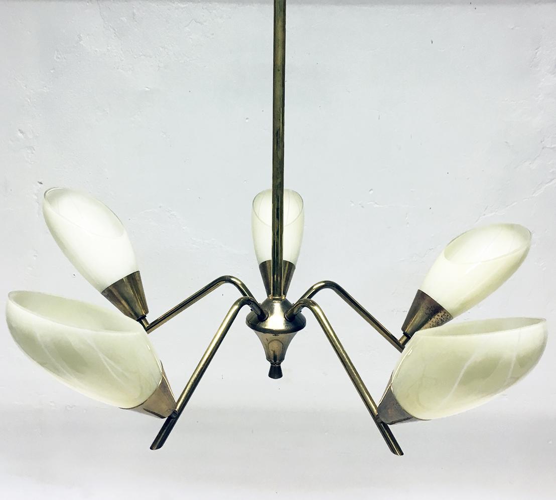 20th Century 1950s Italian Five Branch Brass and Glass Ceiling Light Midcentury Chandelier