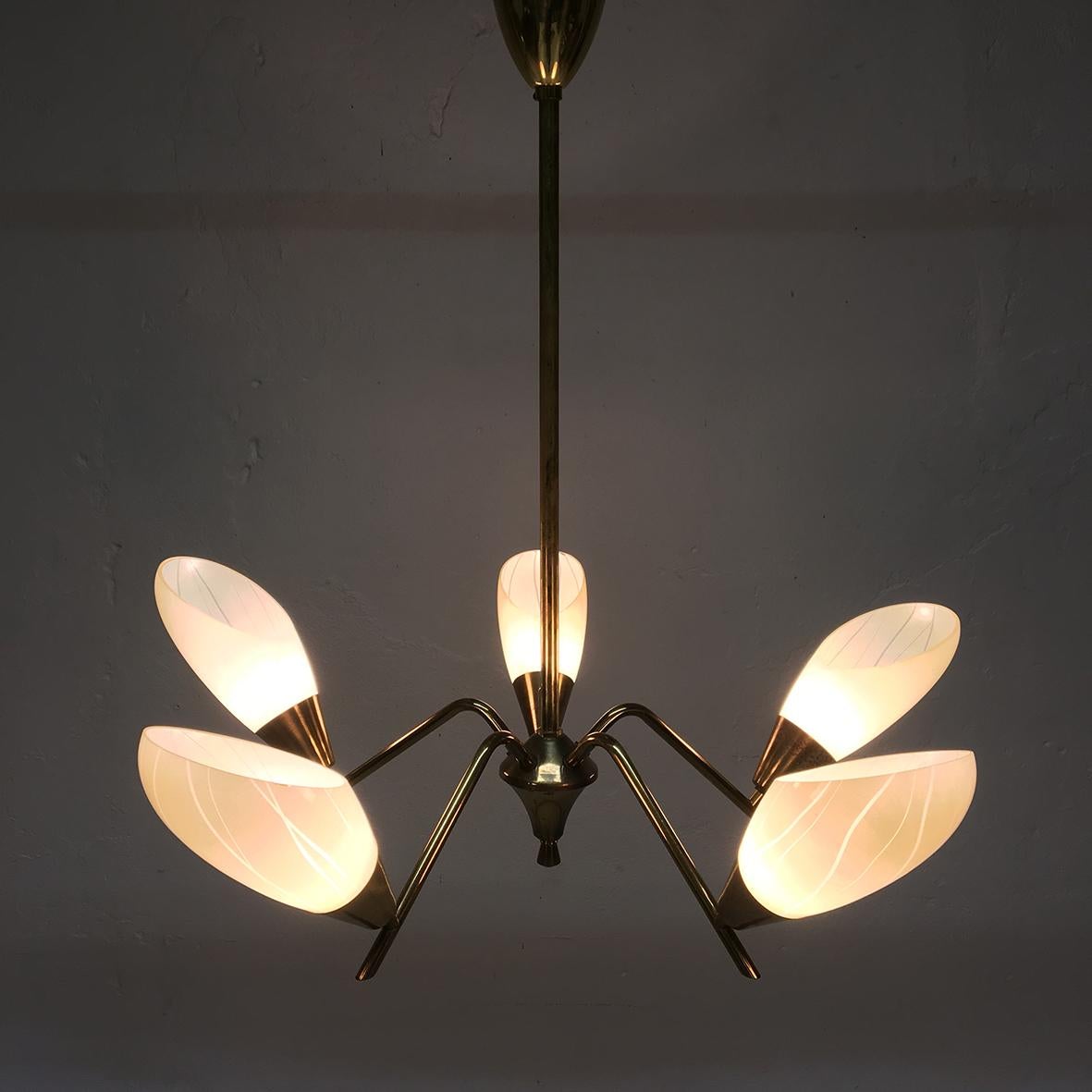 1950s Italian Five Branch Brass and Glass Ceiling Light Midcentury Chandelier 1
