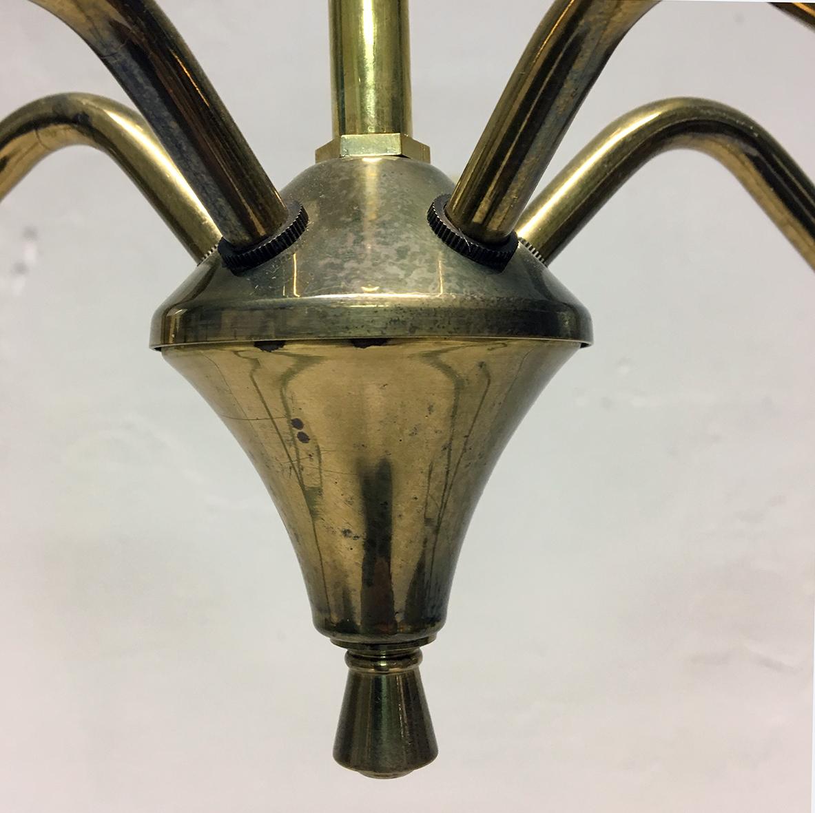 1950s Italian Five Branch Brass and Glass Ceiling Light Midcentury Chandelier 4