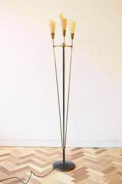 1950s Italian Floor Lamp Brass Base with Three Pig Skin Shades