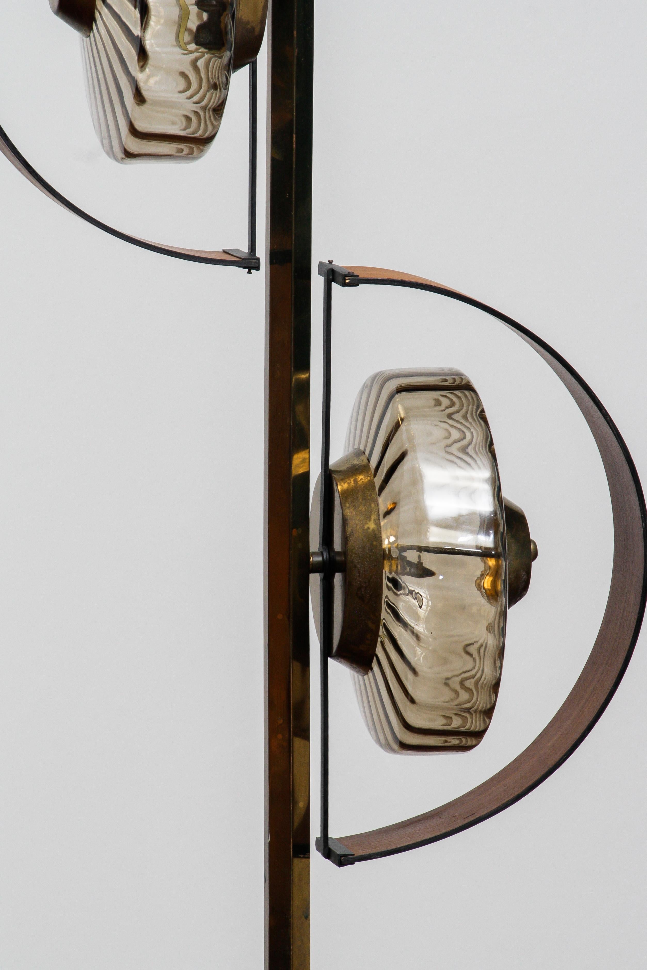 1950s Italian Floor Lamp Made in Brass and Teak with Smoked Glass Shades 4