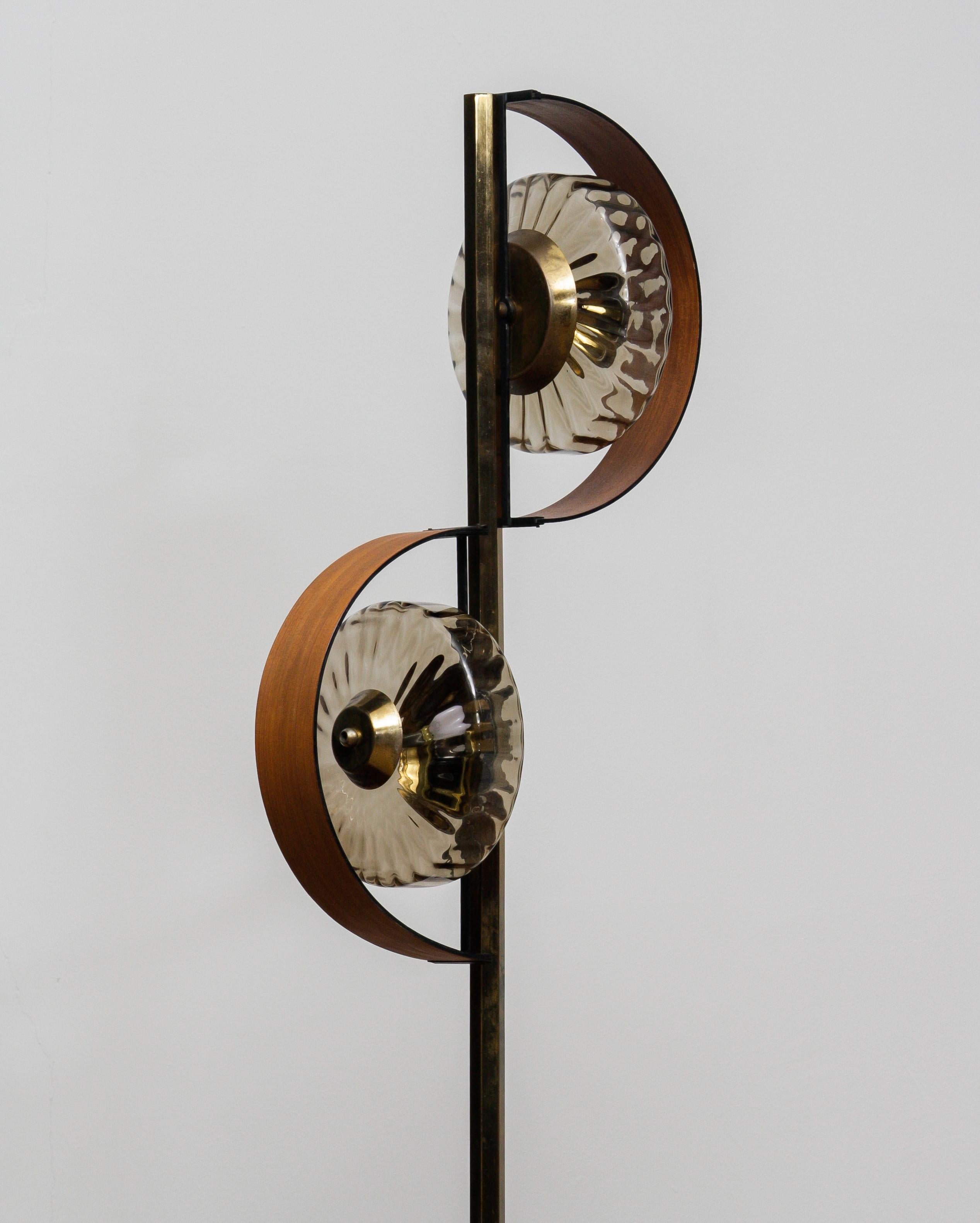 1950s Italian Floor Lamp Made in Brass and Teak with Smoked Glass Shades 8