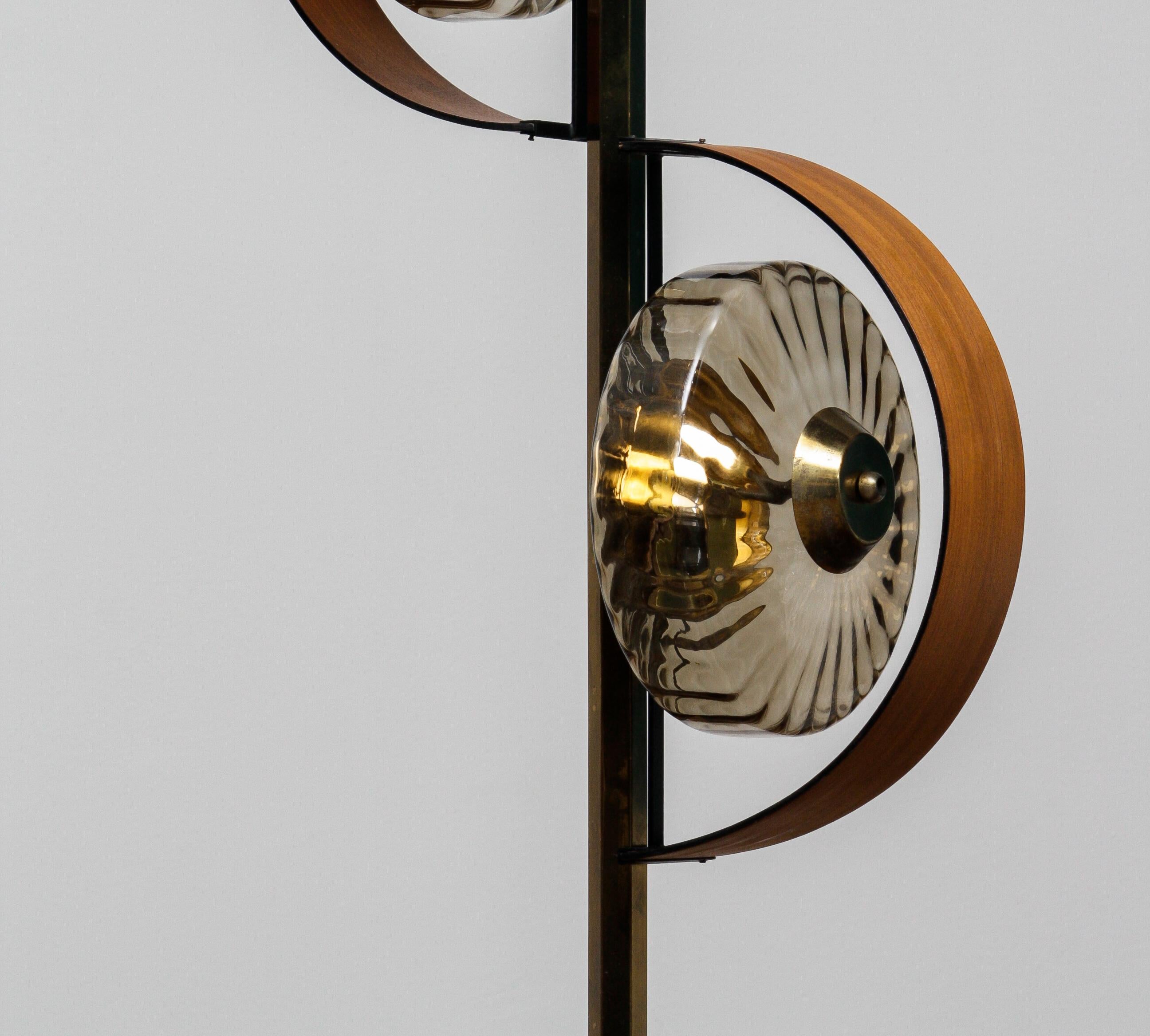 Mid-Century Modern 1950s Italian Floor Lamp Made in Brass and Teak with Smoked Glass Shades