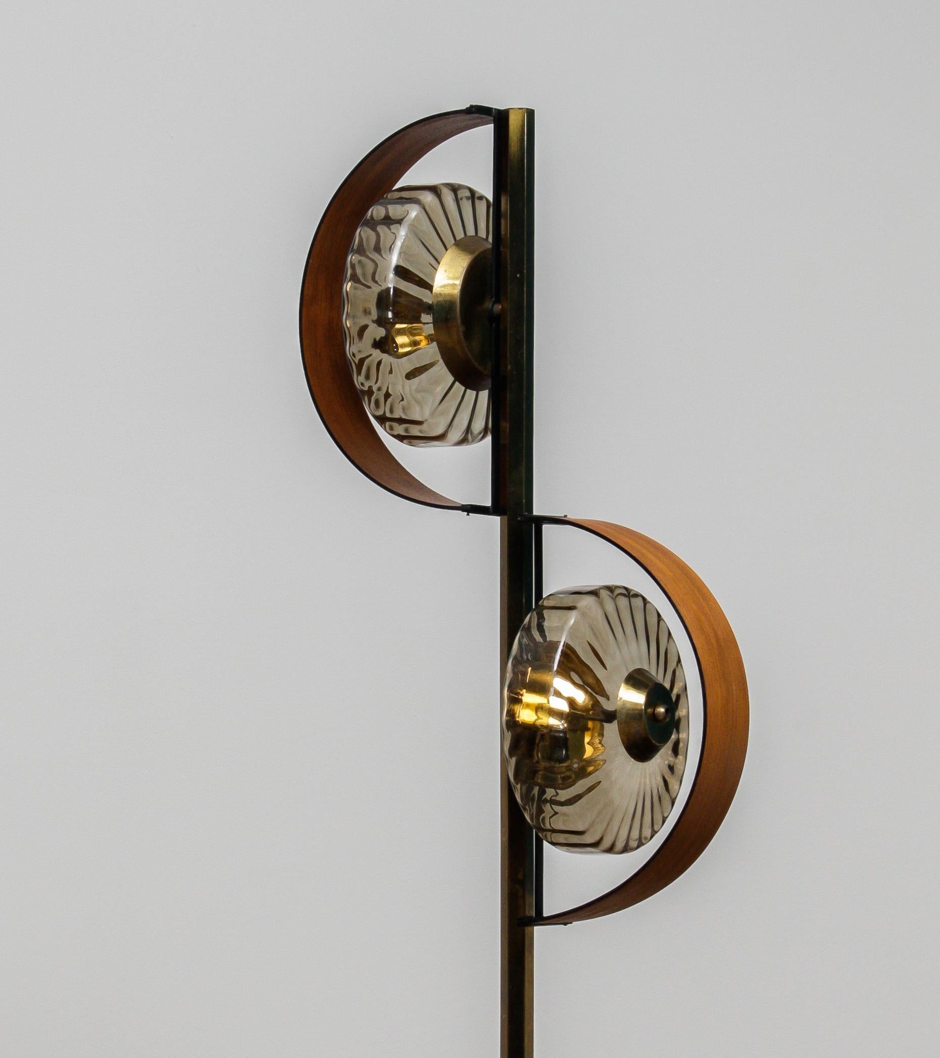 Mid-Century Modern 1950s Italian Floor Lamp Made in Brass and Teak with Smoked Glass Shades