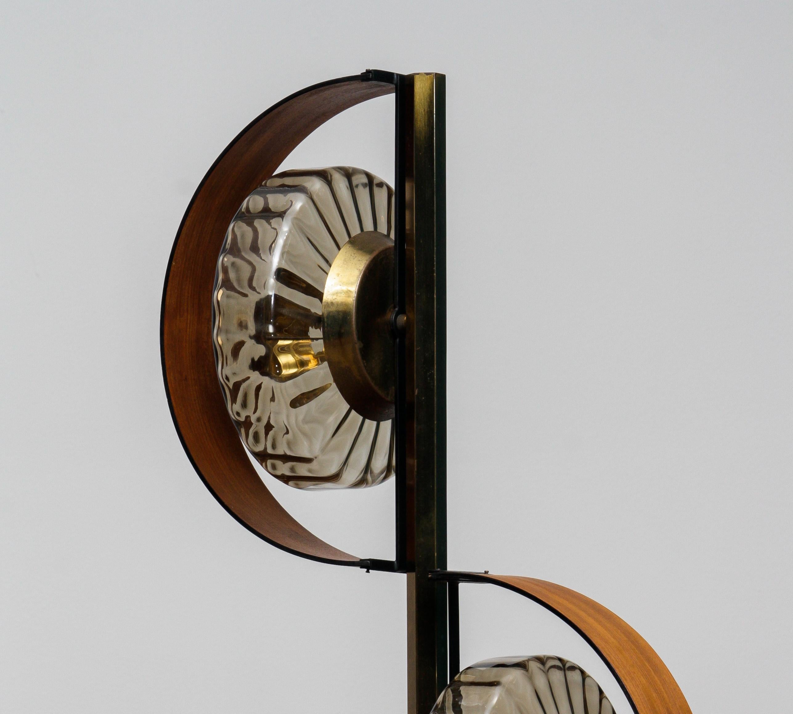 Mid-20th Century 1950s Italian Floor Lamp Made in Brass and Teak with Smoked Glass Shades