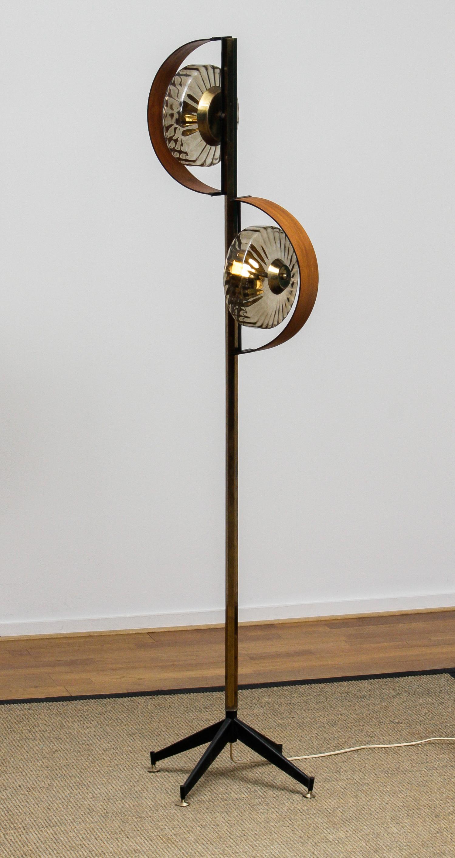 Metal 1950s Italian Floor Lamp Made in Brass and Teak with Smoked Glass Shades