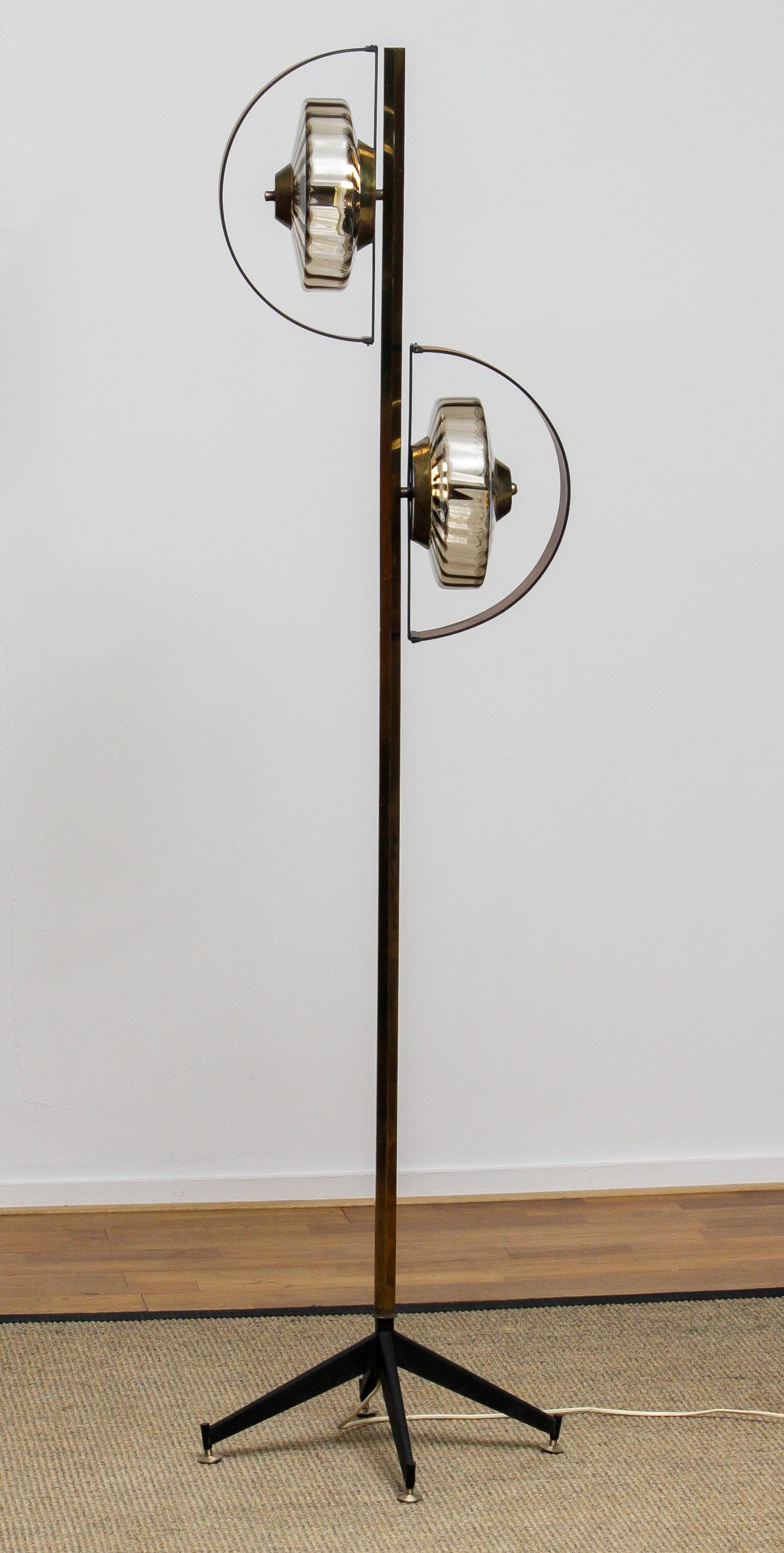 1950s Italian Floor Lamp Made in Brass and Teak with Smoked Glass Shades 2