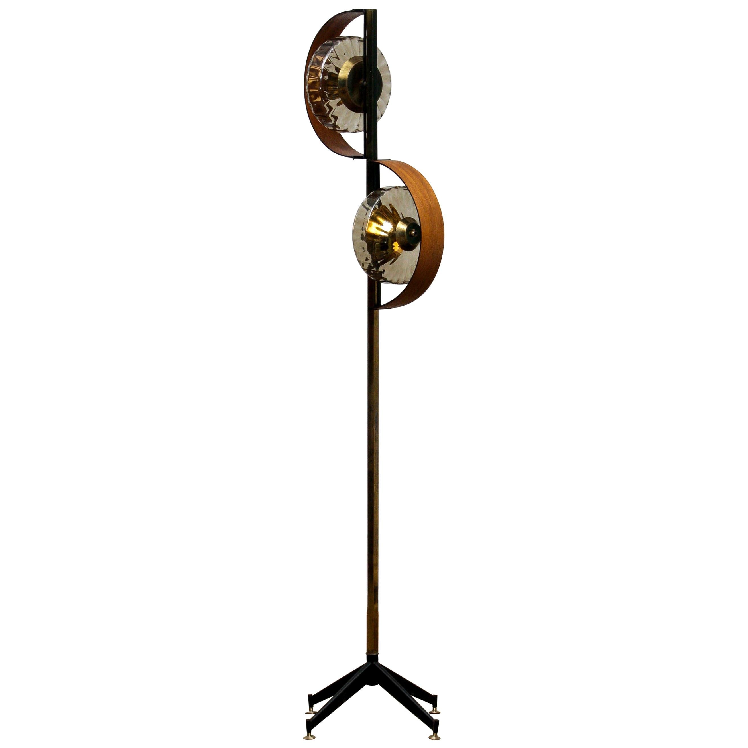 1950s Italian Floor Lamp Made in Brass and Teak with Smoked Glass Shades