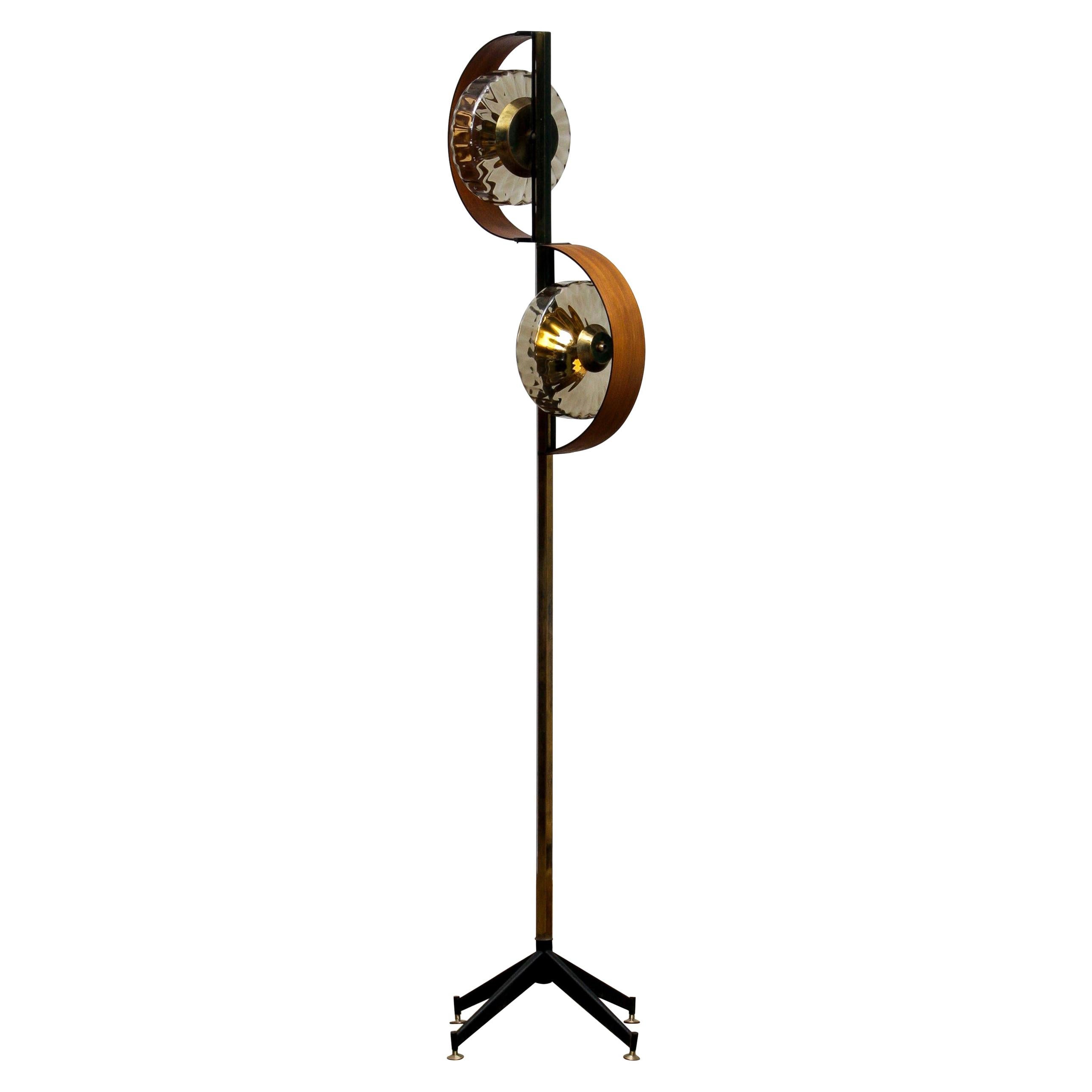 1950s Italian Floor Lamp Made in Brass and Teak with Smoked Glass Shades