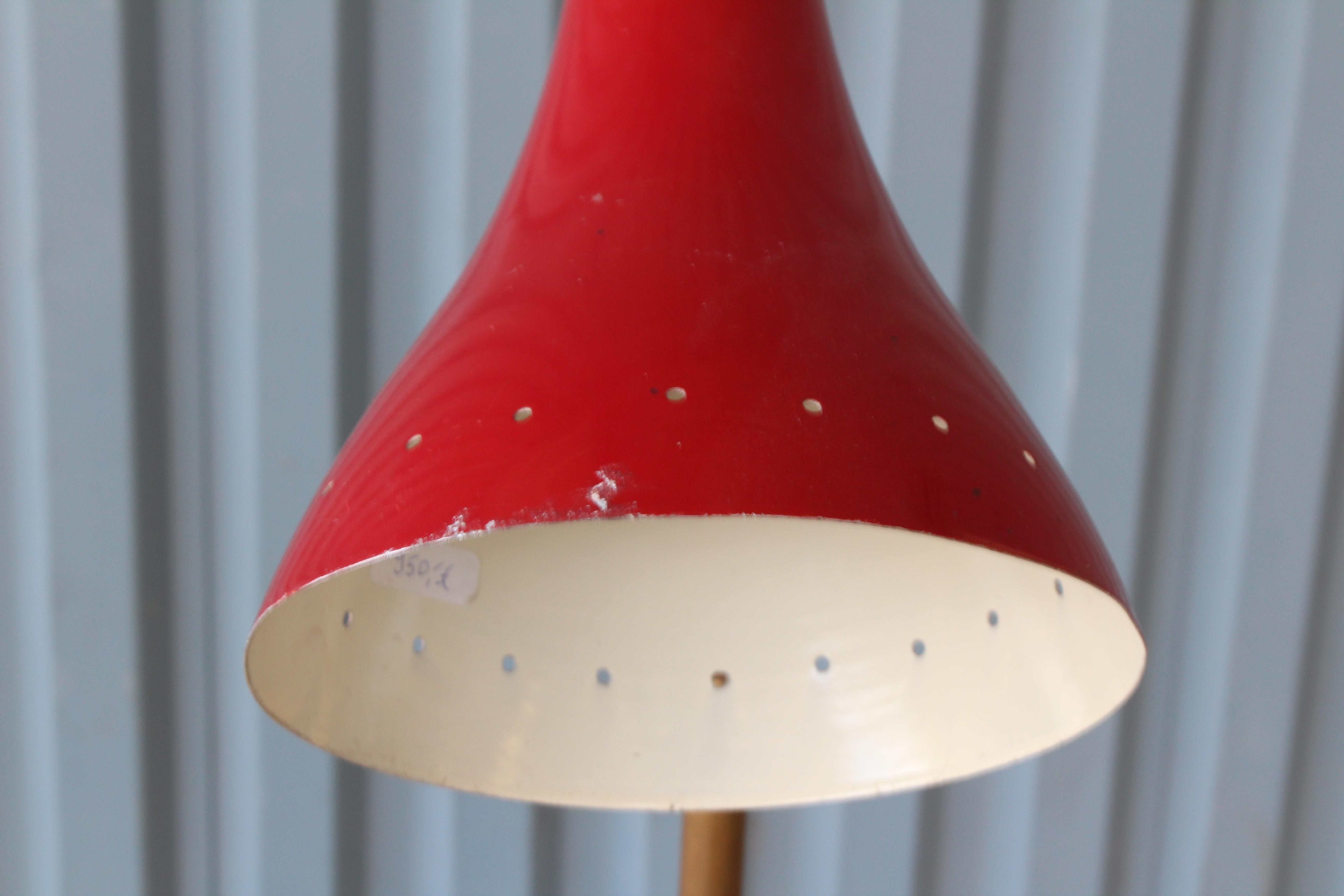 Mid-Century Modern 1950s Italian Floor Lamp with Red Enameled Shade and Marble Base
