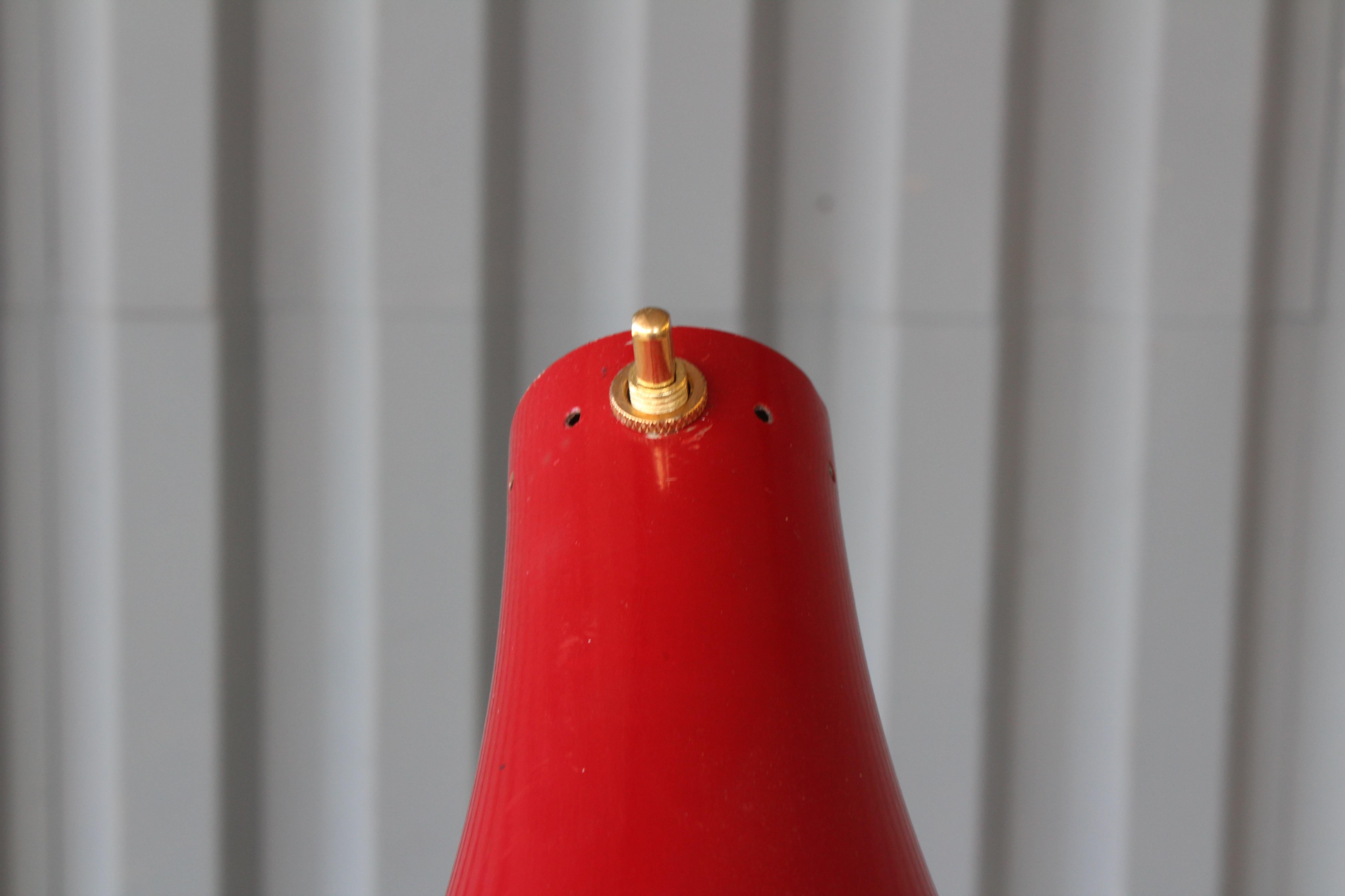 1950s Italian Floor Lamp with Red Enameled Shade and Marble Base In Good Condition In Los Angeles, CA