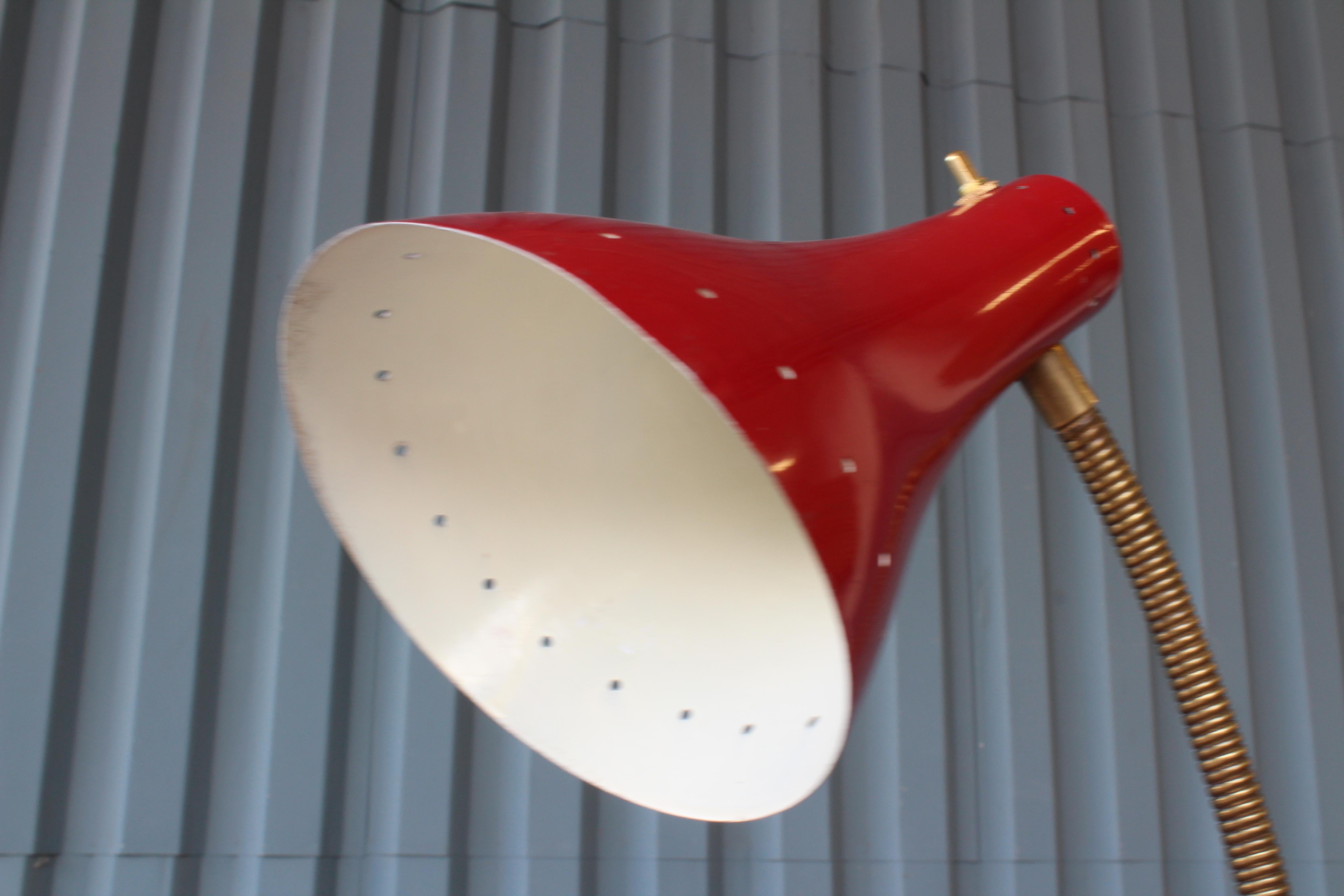 Brass 1950s Italian Floor Lamp with Red Enameled Shade and Marble Base