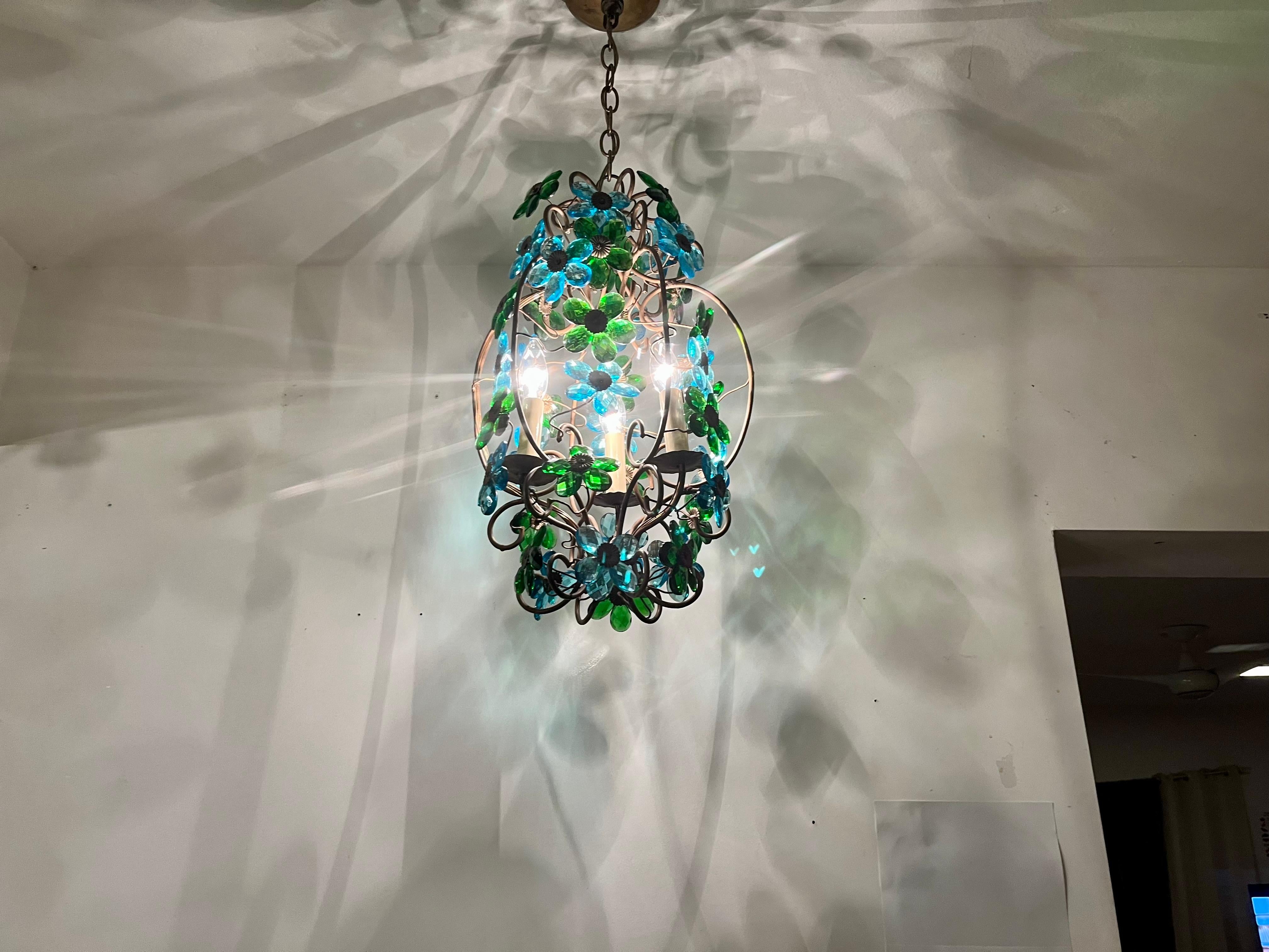 Lustre italien des années 1950 en verre à fleurs, pendentif, laiton, Murano en vente 4