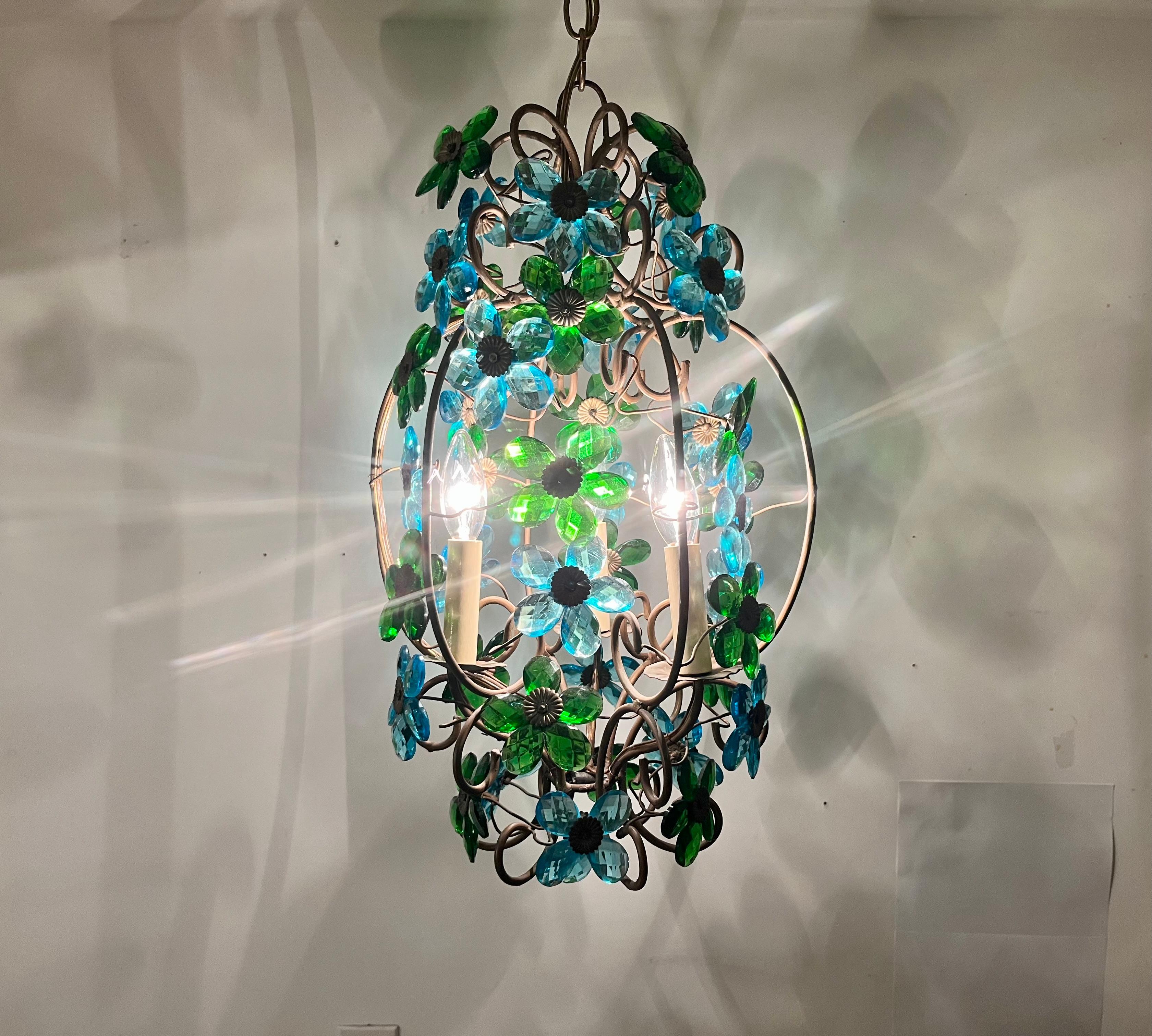 Lustre italien des années 1950 en verre à fleurs, pendentif, laiton, Murano en vente 5
