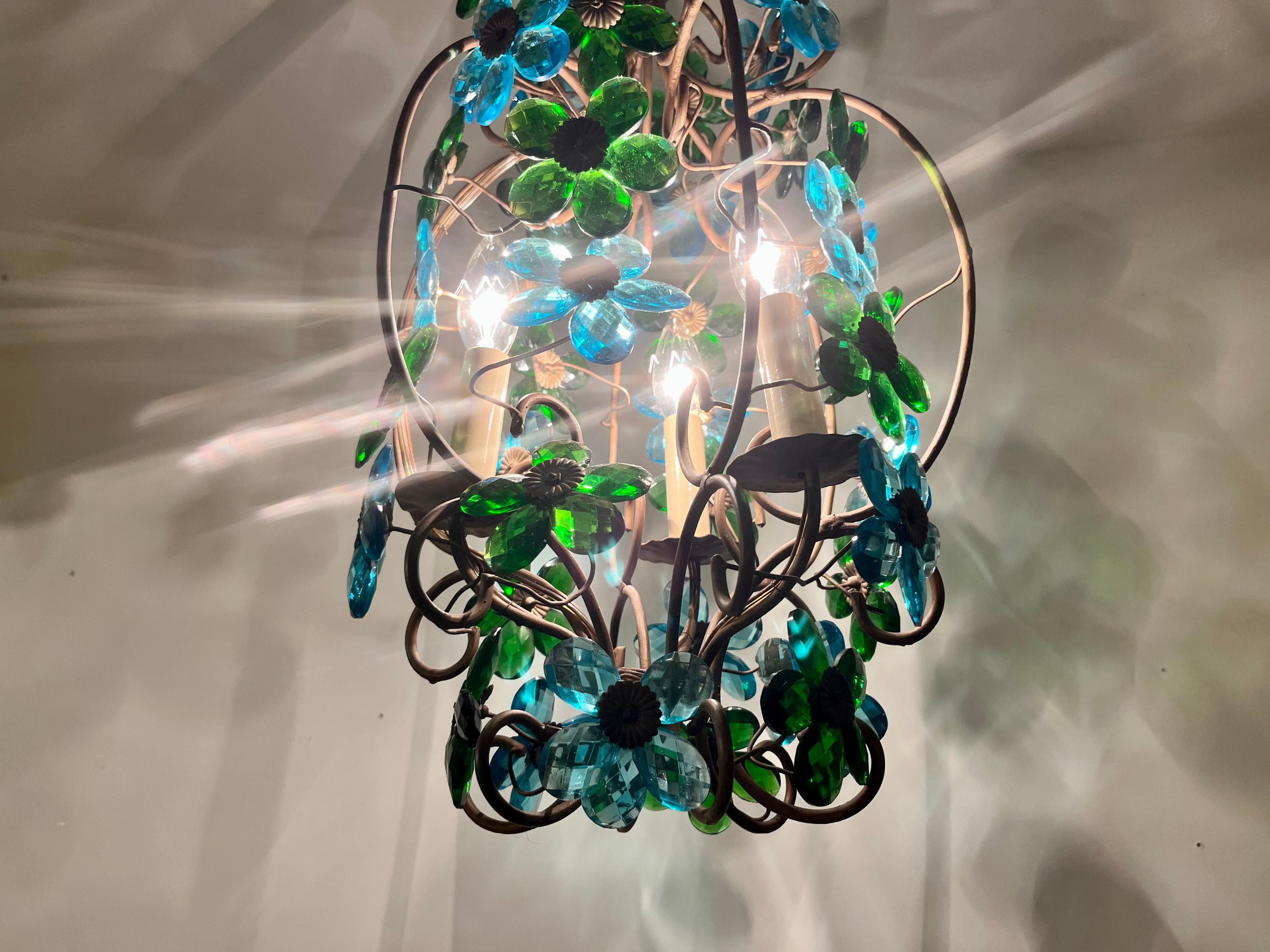 Lustre italien des années 1950 en verre à fleurs, pendentif, laiton, Murano en vente 6