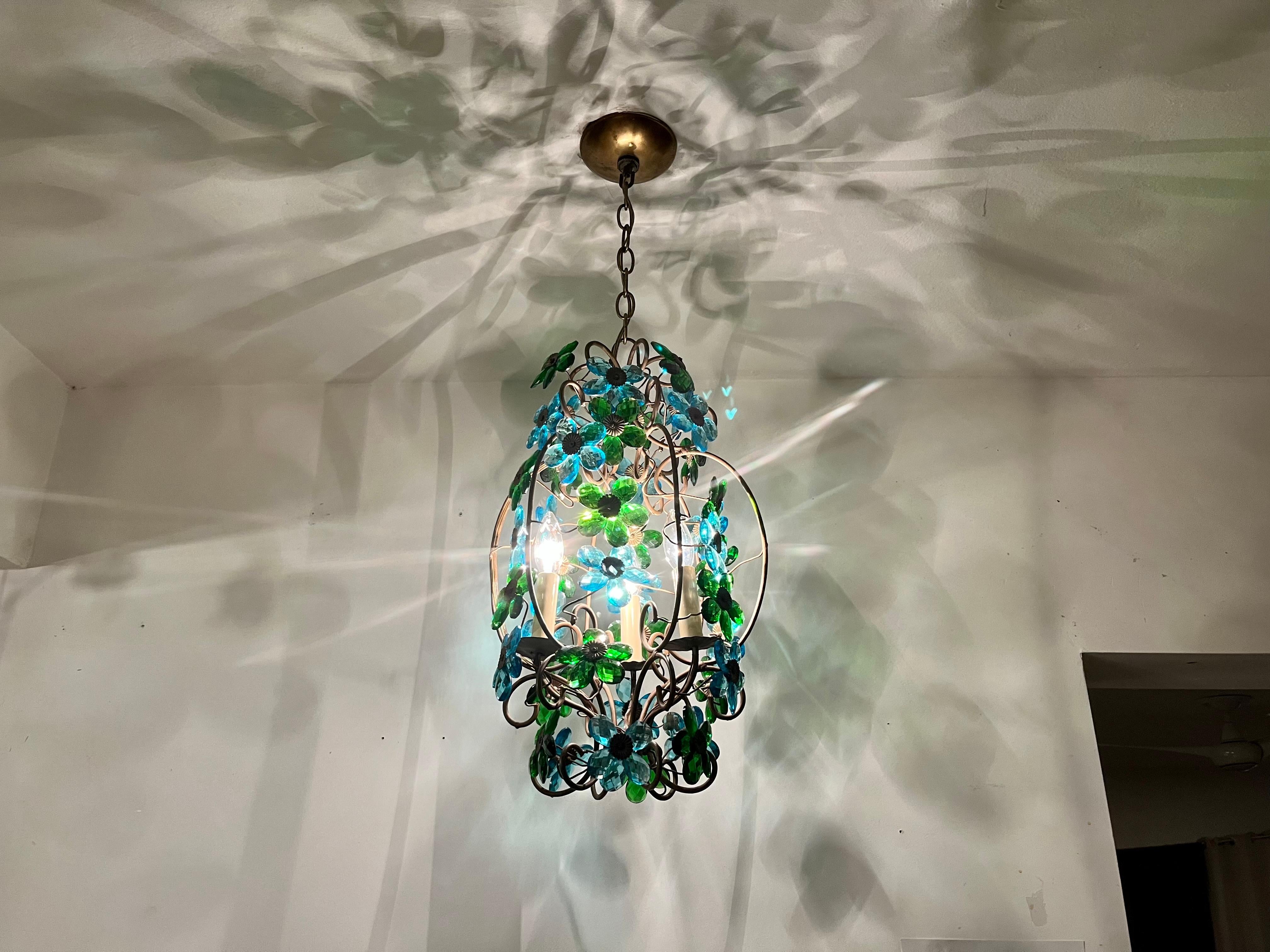 Lustre italien des années 1950 en verre à fleurs, pendentif, laiton, Murano en vente 8