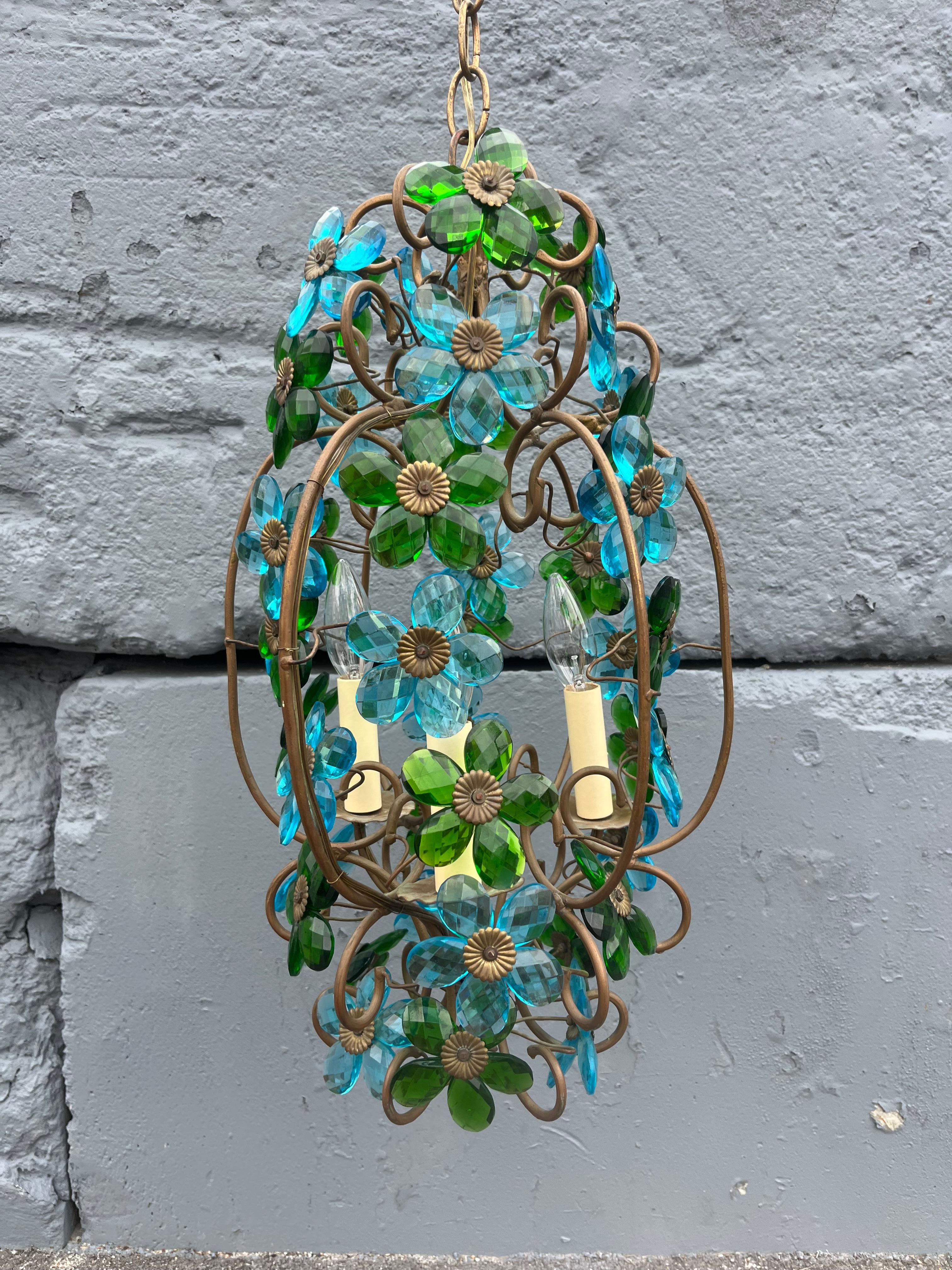 Lustre italien des années 1950 en verre à fleurs, pendentif, laiton, Murano en vente 9